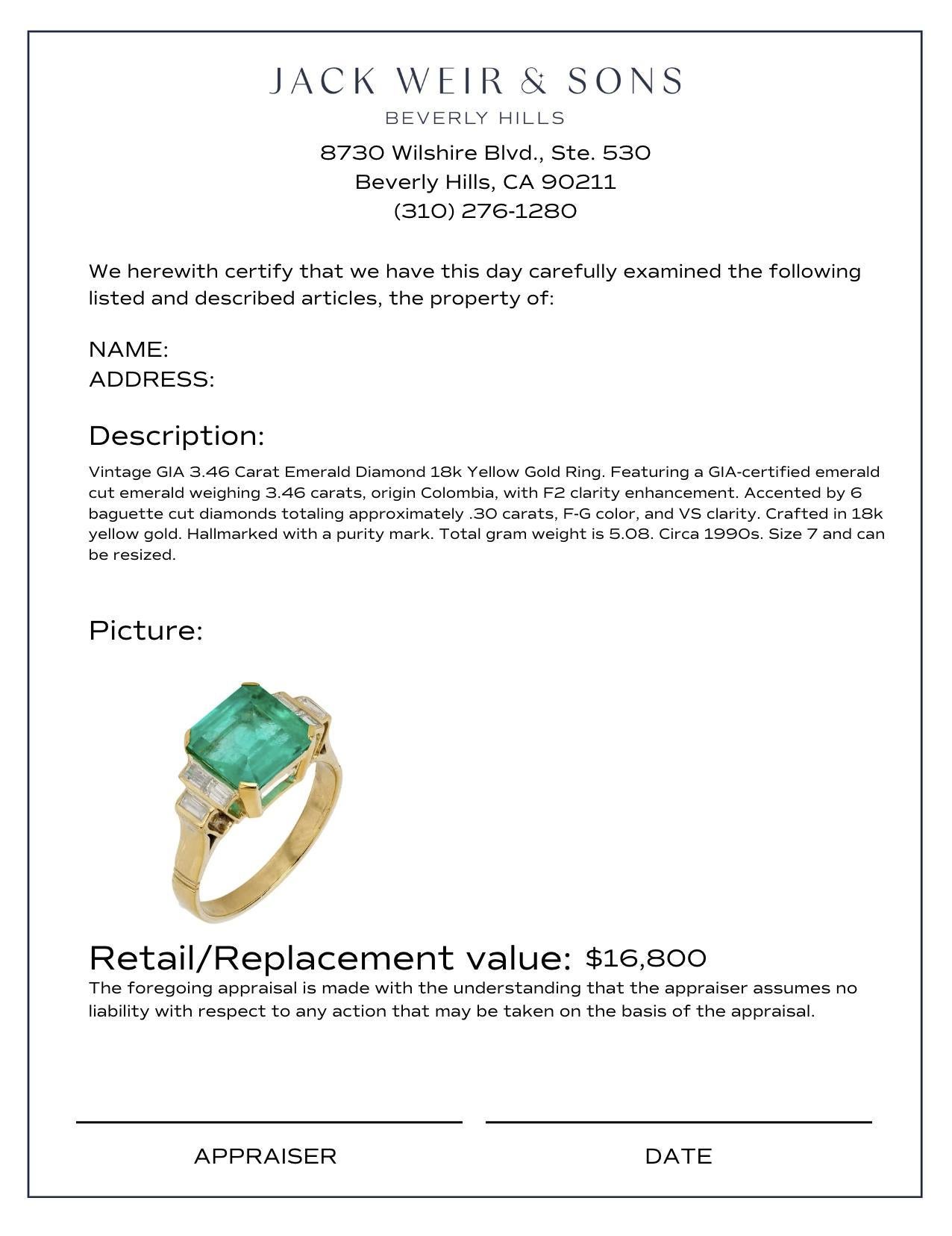 Women's Vintage GIA 3.46 carat emerald diamond 18k yellow gold ring For Sale