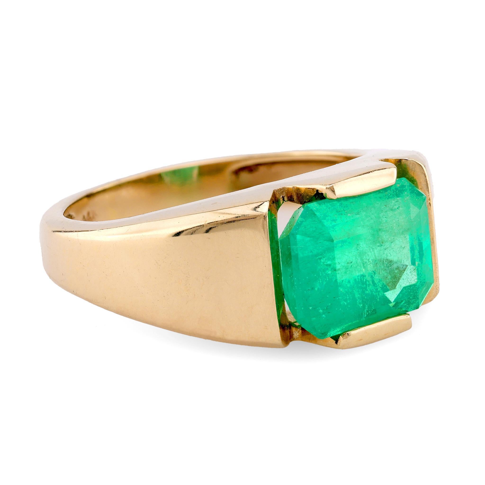 Octagon Cut Vintage GIA 3.5 Carat Octagonal Cut Emerald 14K Yellow Gold Bezel Ring