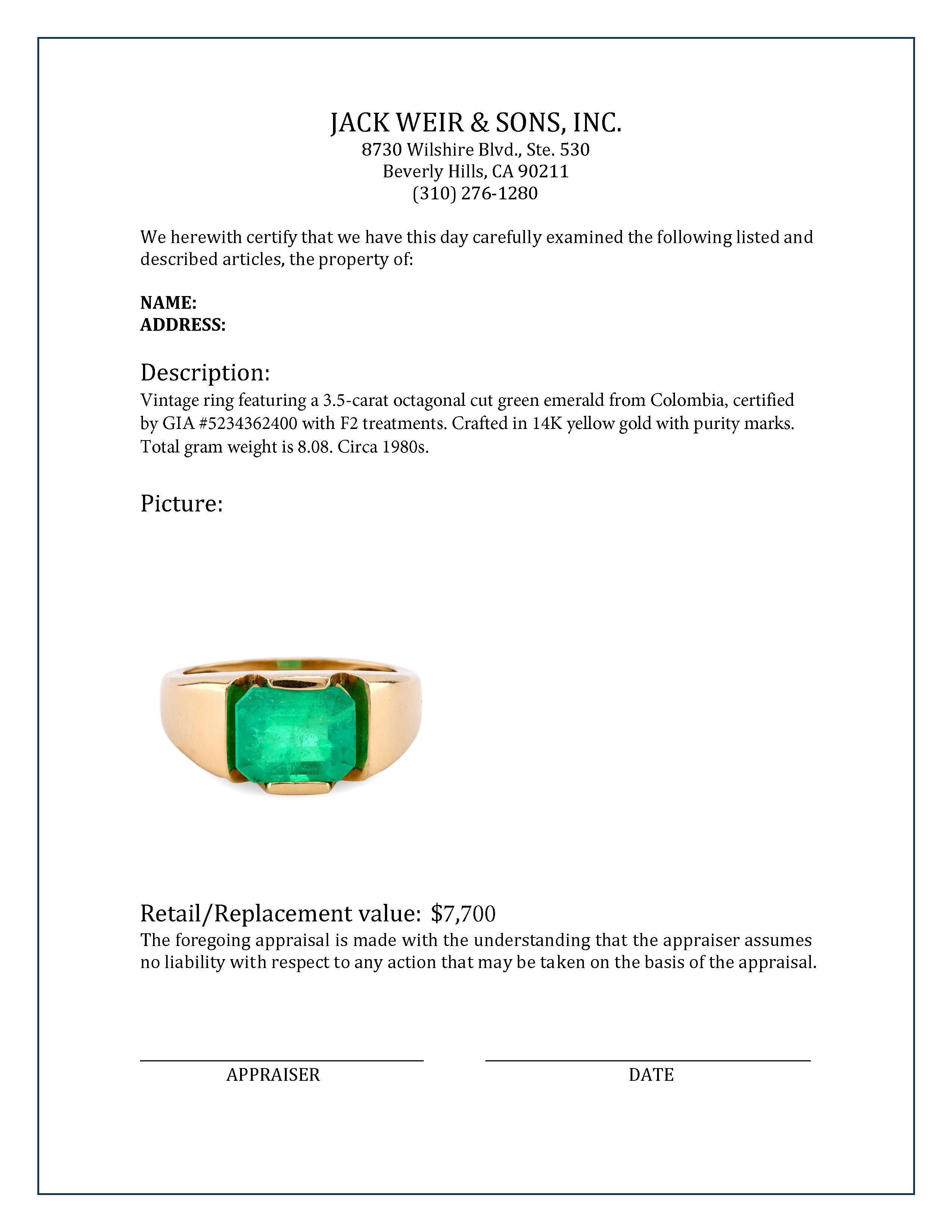 Women's or Men's Vintage GIA 3.5 Carat Octagonal Cut Emerald 14K Yellow Gold Bezel Ring