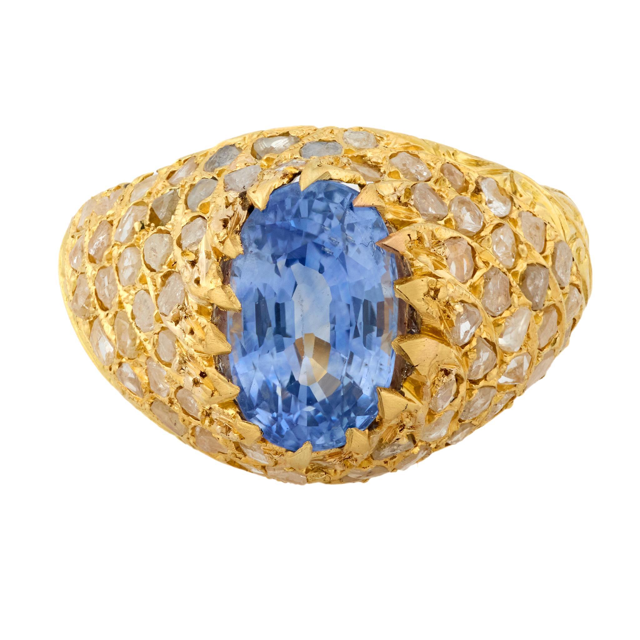 Vintage GIA 3,50 Karat Ceylon-Saphir-Diamant 18k Gelbgold-Cocktailring (Moderne) im Angebot