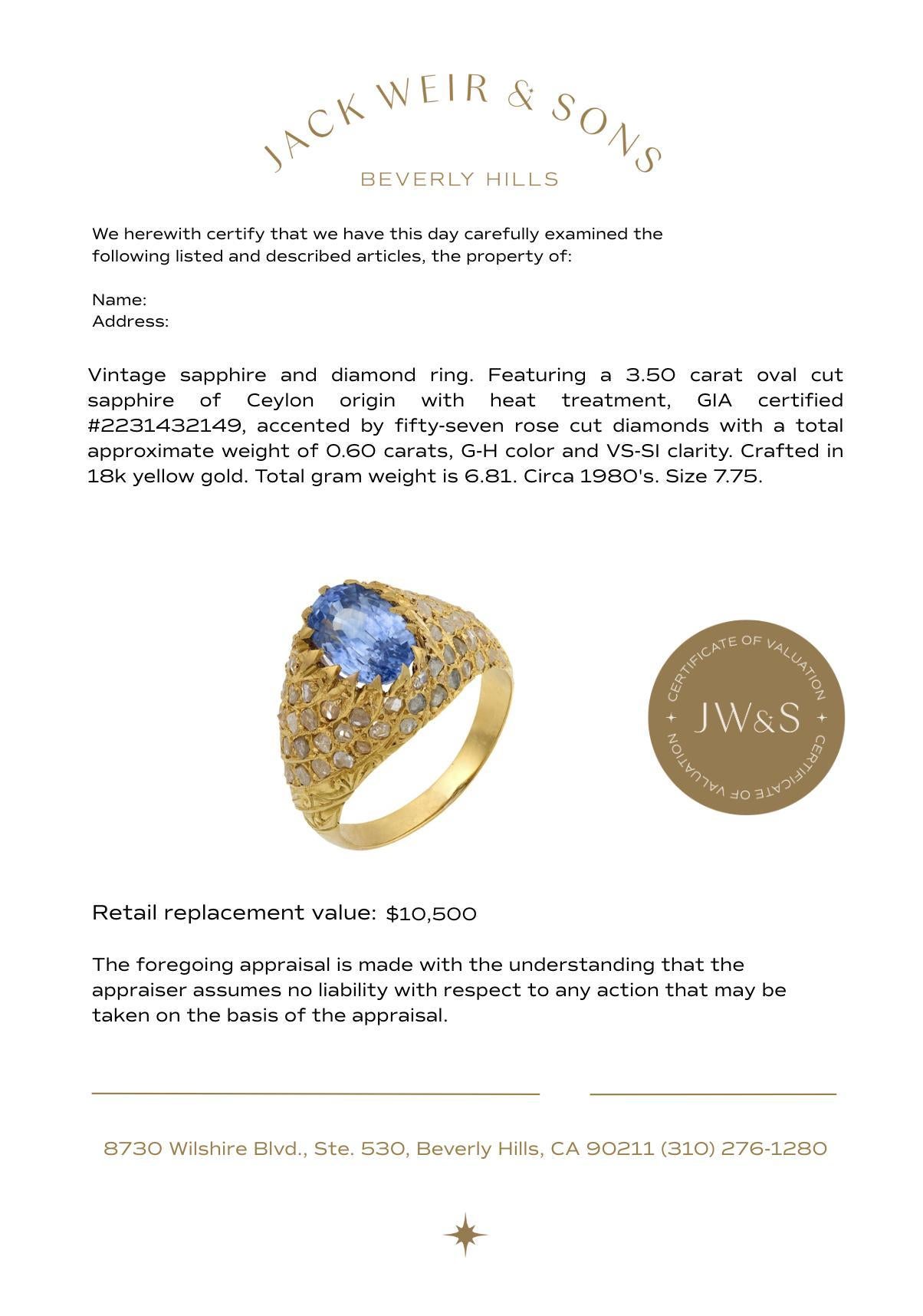 Vintage GIA 3,50 Karat Ceylon-Saphir-Diamant 18k Gelbgold-Cocktailring im Zustand „Gut“ im Angebot in Beverly Hills, CA