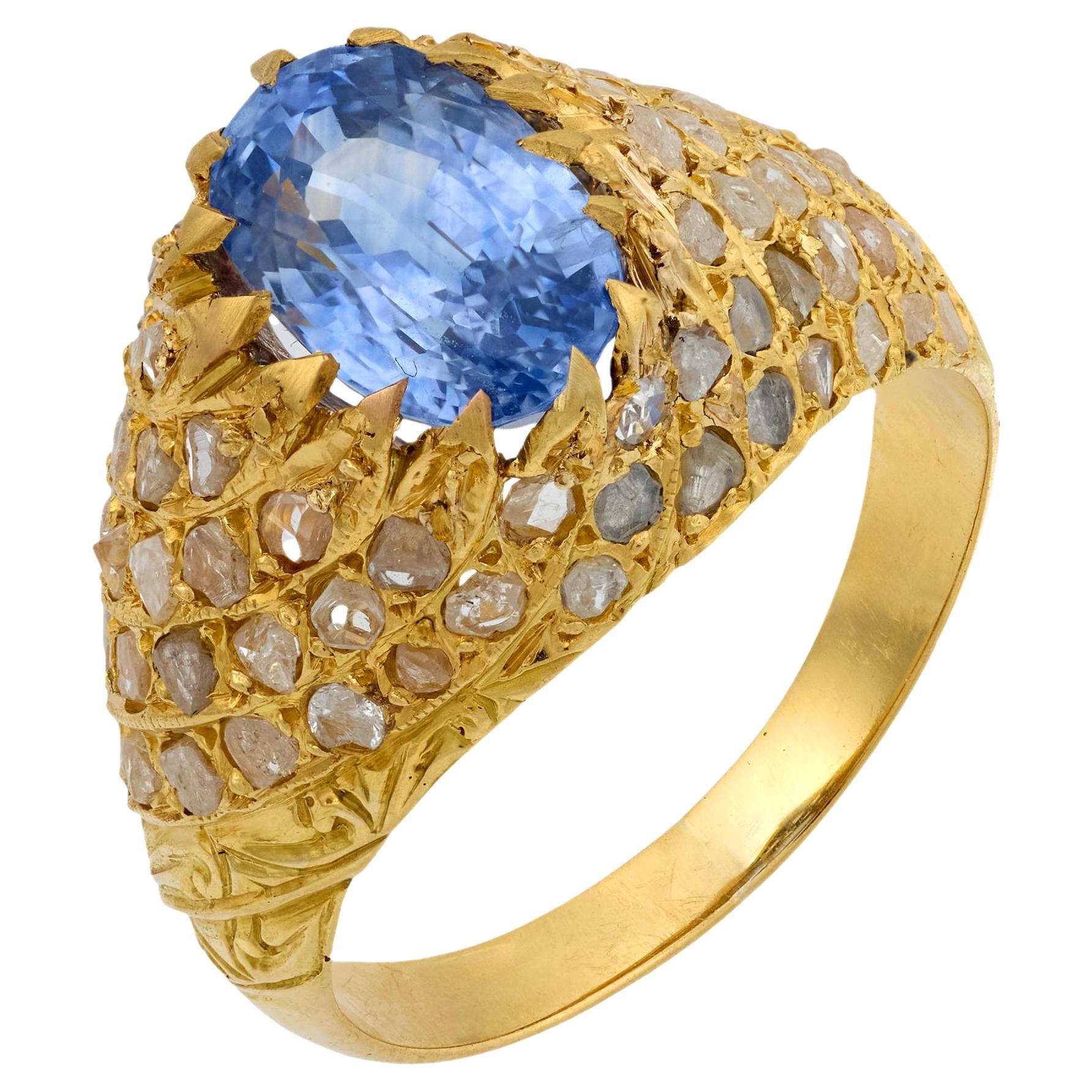 Vintage GIA 3,50 Karat Ceylon-Saphir-Diamant 18k Gelbgold-Cocktailring im Angebot