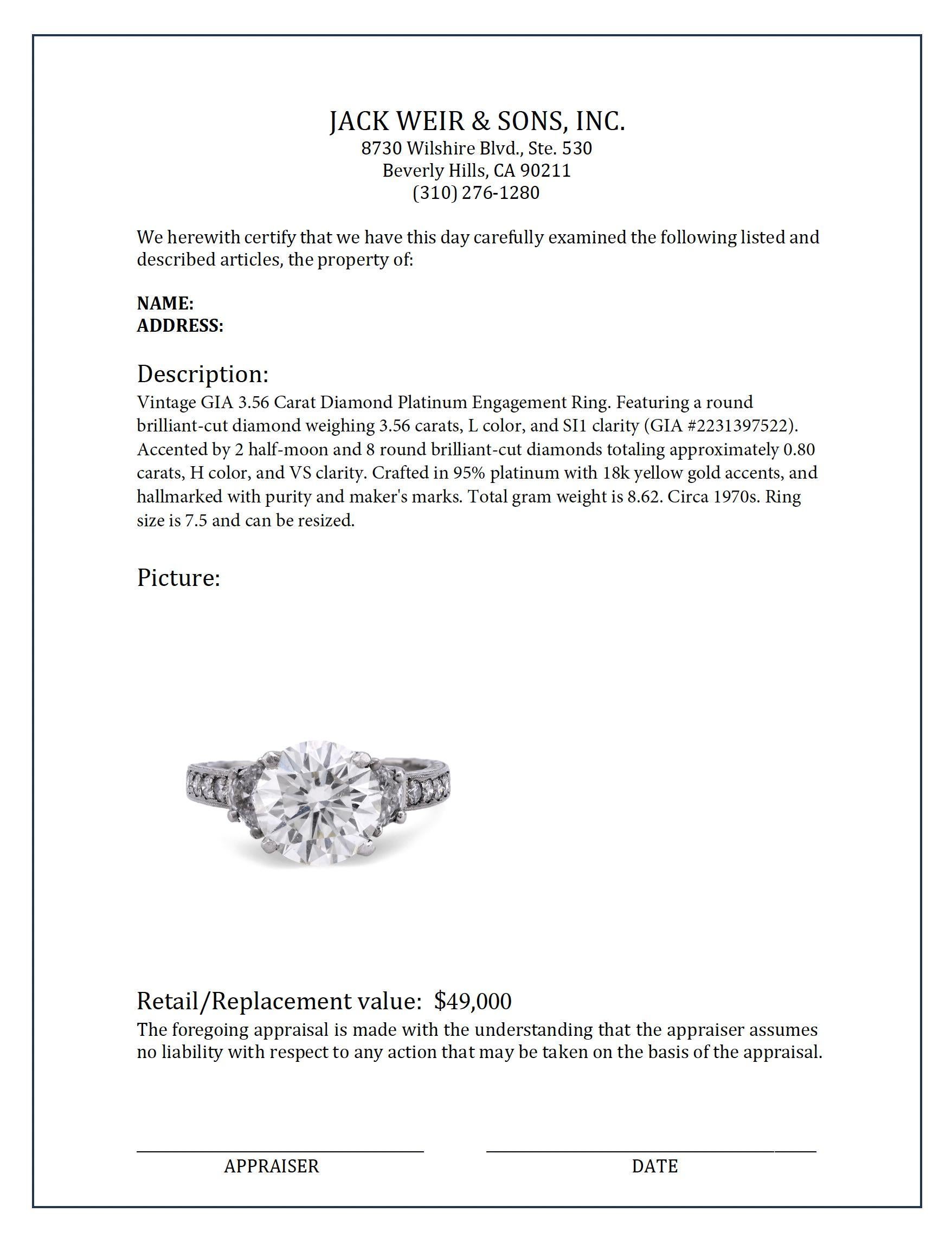 Women's or Men's Vintage GIA 3.56 carat diamond platinum engagement ring