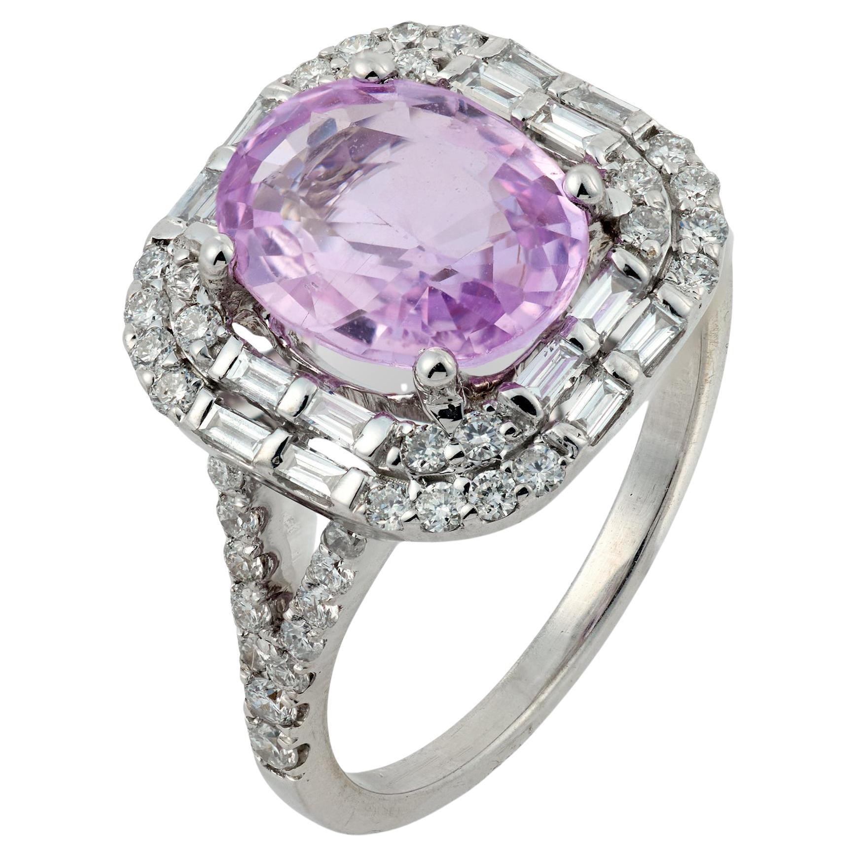 Vintage GIA 3.58 carat no heat pink sapphire diamond 18k white gold halo ring