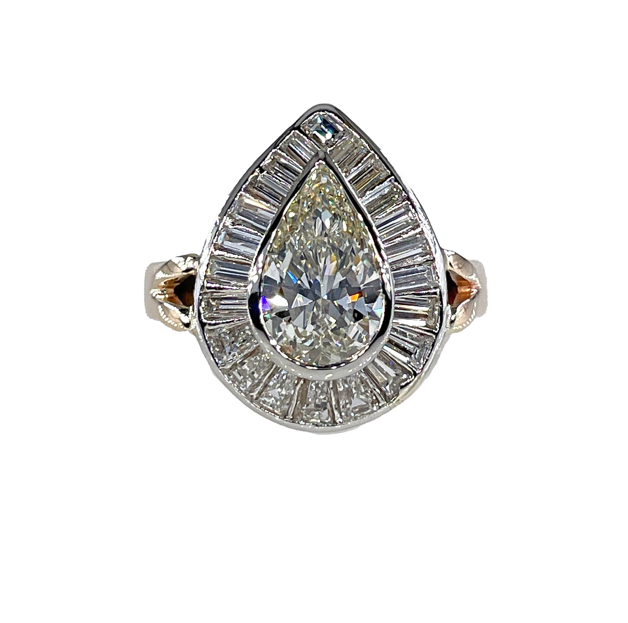 Retro Vintage GIA 3.58ct Pear Shaped Bezel-Set Diamond Ballerina 14KWY Gold Ring For Sale