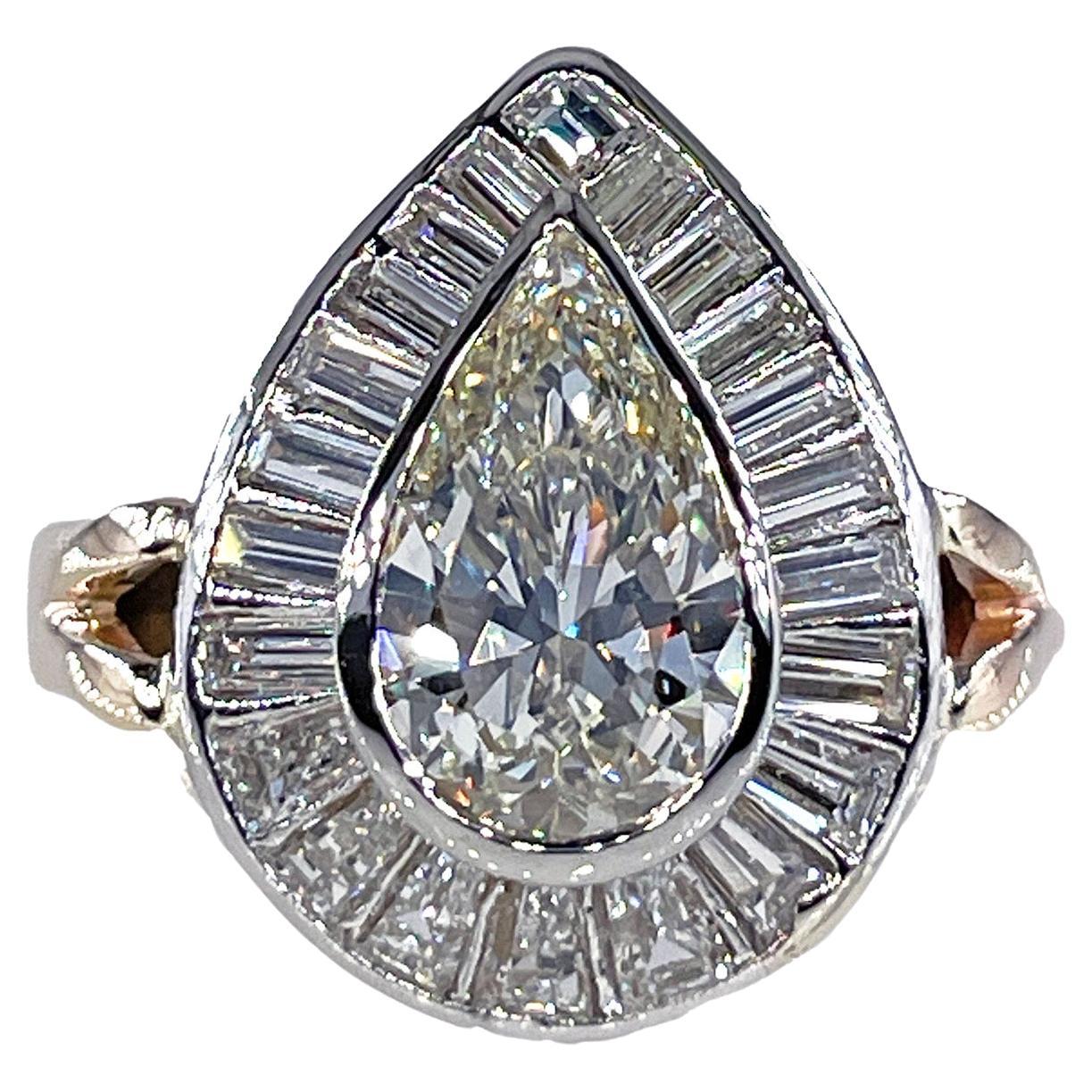 Vintage GIA 3,58 Karat birnenförmiger Diamant-Ballerina 14KWY Goldring mit Lünettenfassung