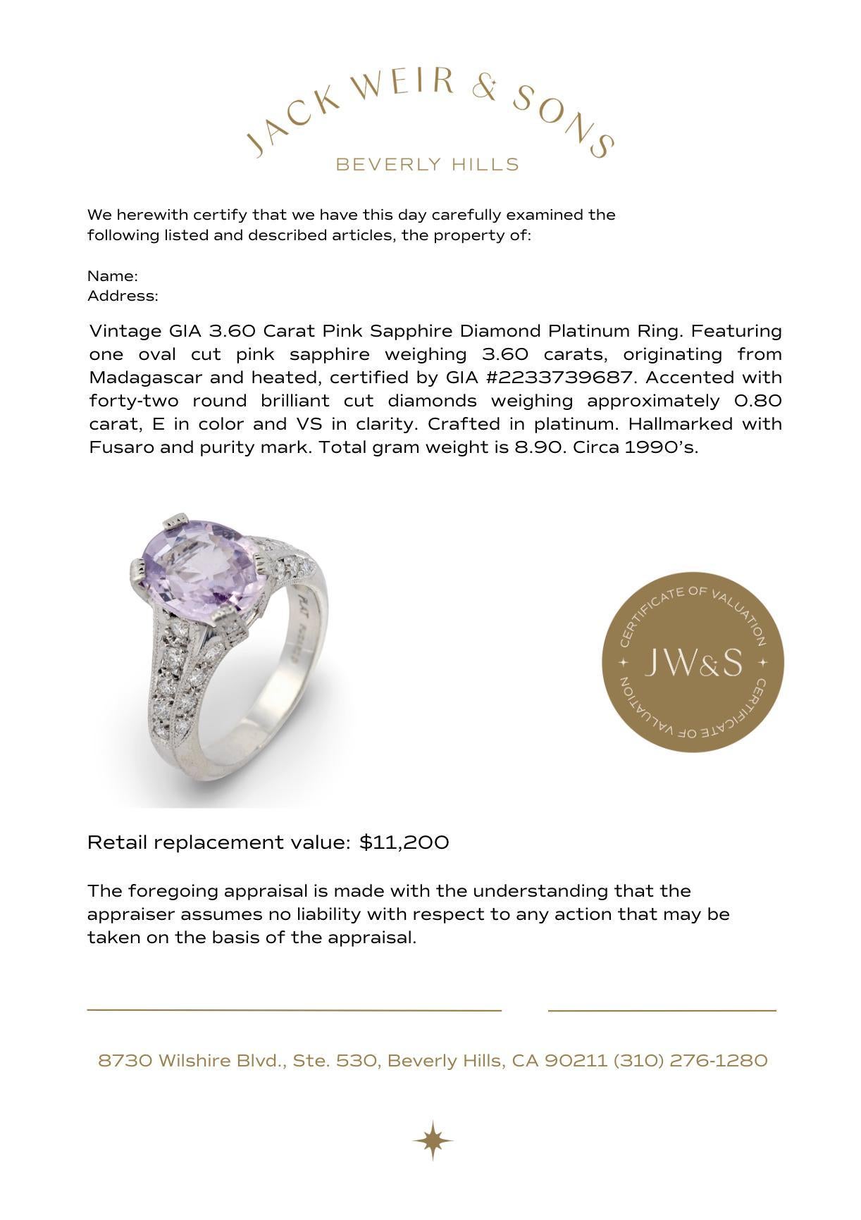 Anello vintage GIA con zaffiro rosa e diamante da 3,60 carati in platino in vendita 2