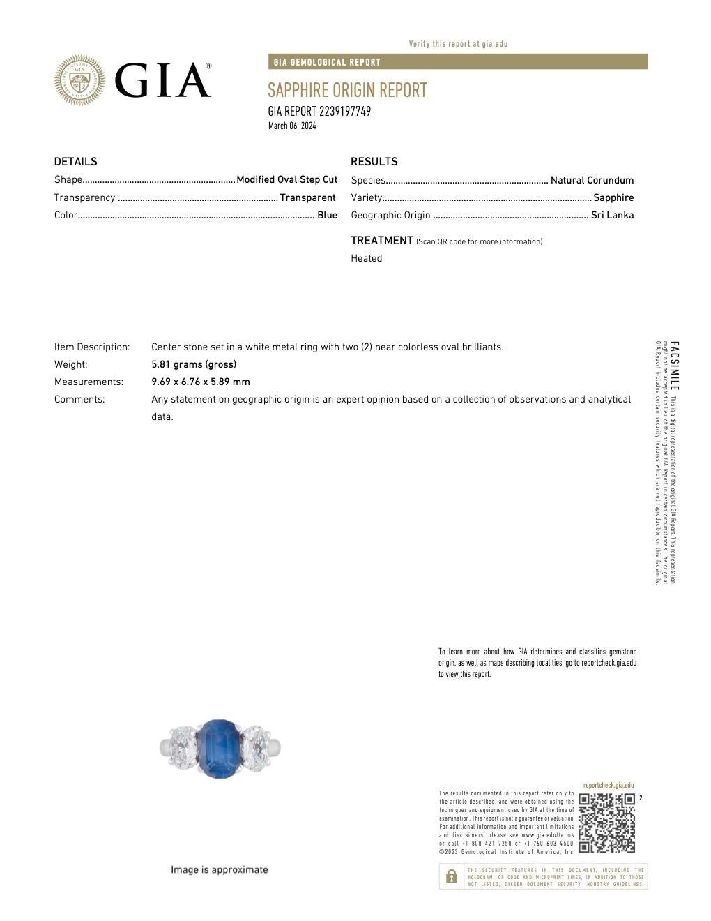 Vintage GIA 3.65 Carat Ceylon Sapphire Diamond Platinum Three Stone Ring For Sale 1