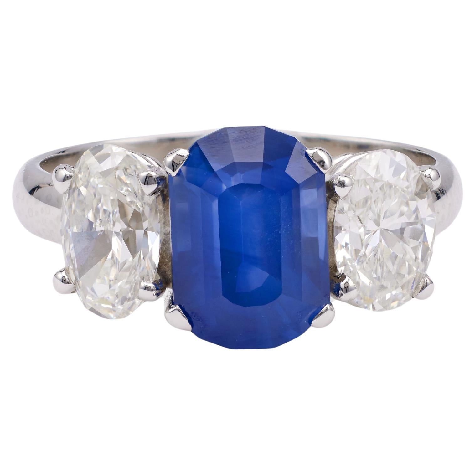 Vintage GIA 3.65 Carat Ceylon Sapphire Diamond Platinum Three Stone Ring For Sale