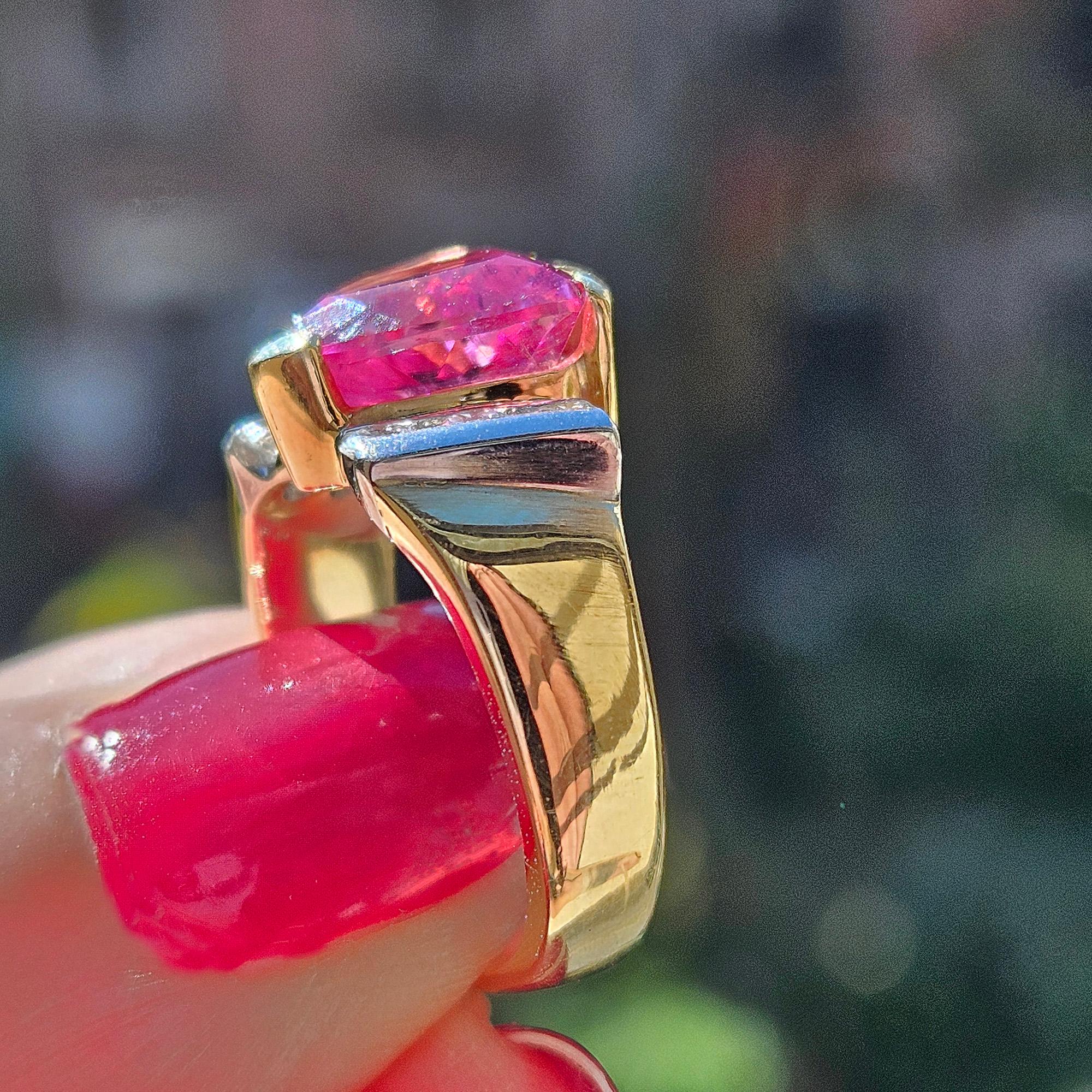 Vintage GIA 3.65ct Natural Pink Tourmaline Diamond 18k Yellow Gold Platinum Ring For Sale 4