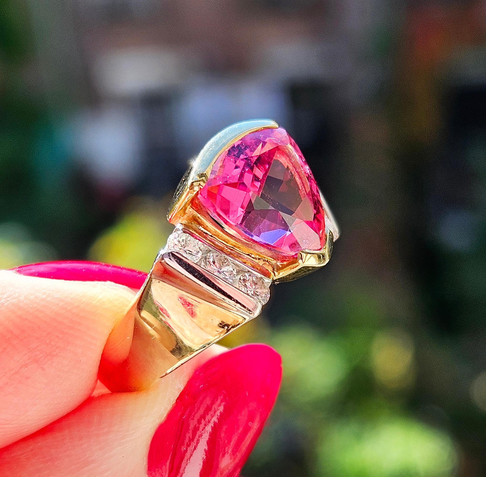 Vintage GIA 3.65ct Natural Pink Tourmaline Diamond 18k Yellow Gold Platinum Ring For Sale 5
