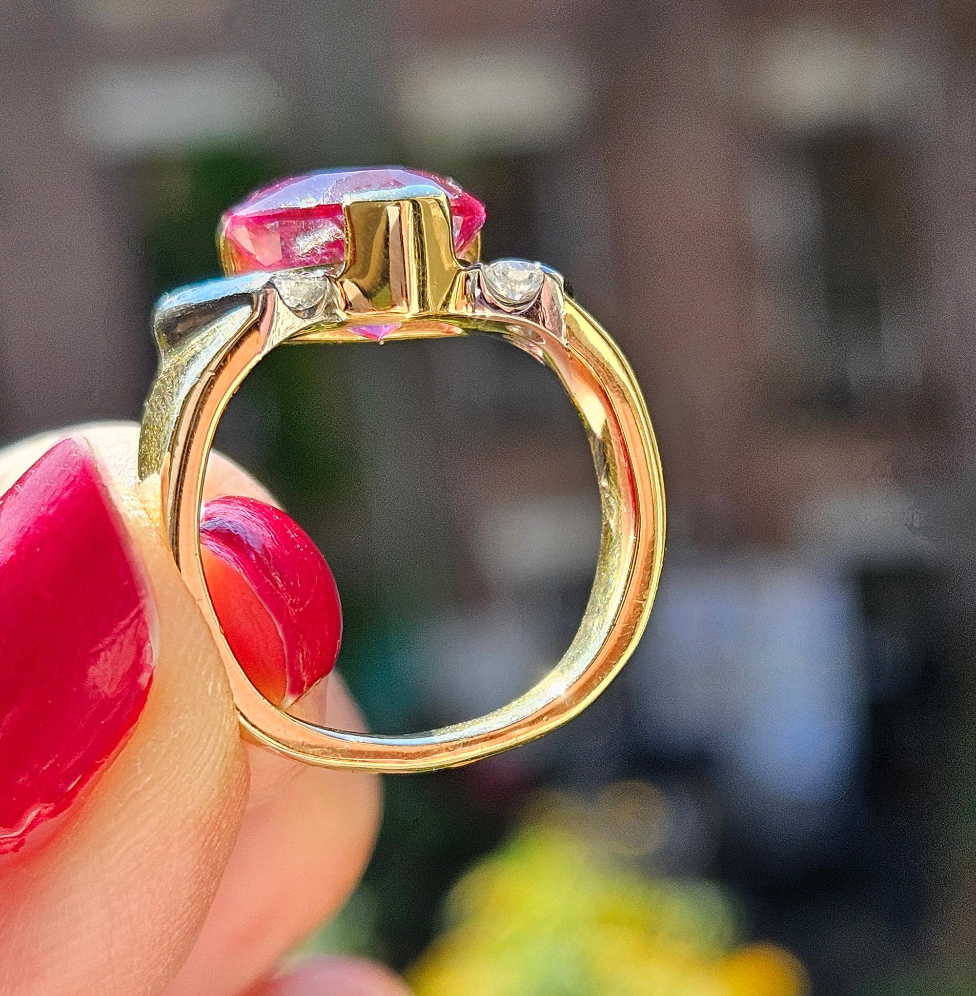 Vintage GIA 3.65ct Natural Pink Tourmaline Diamond 18k Yellow Gold Platinum Ring For Sale 6
