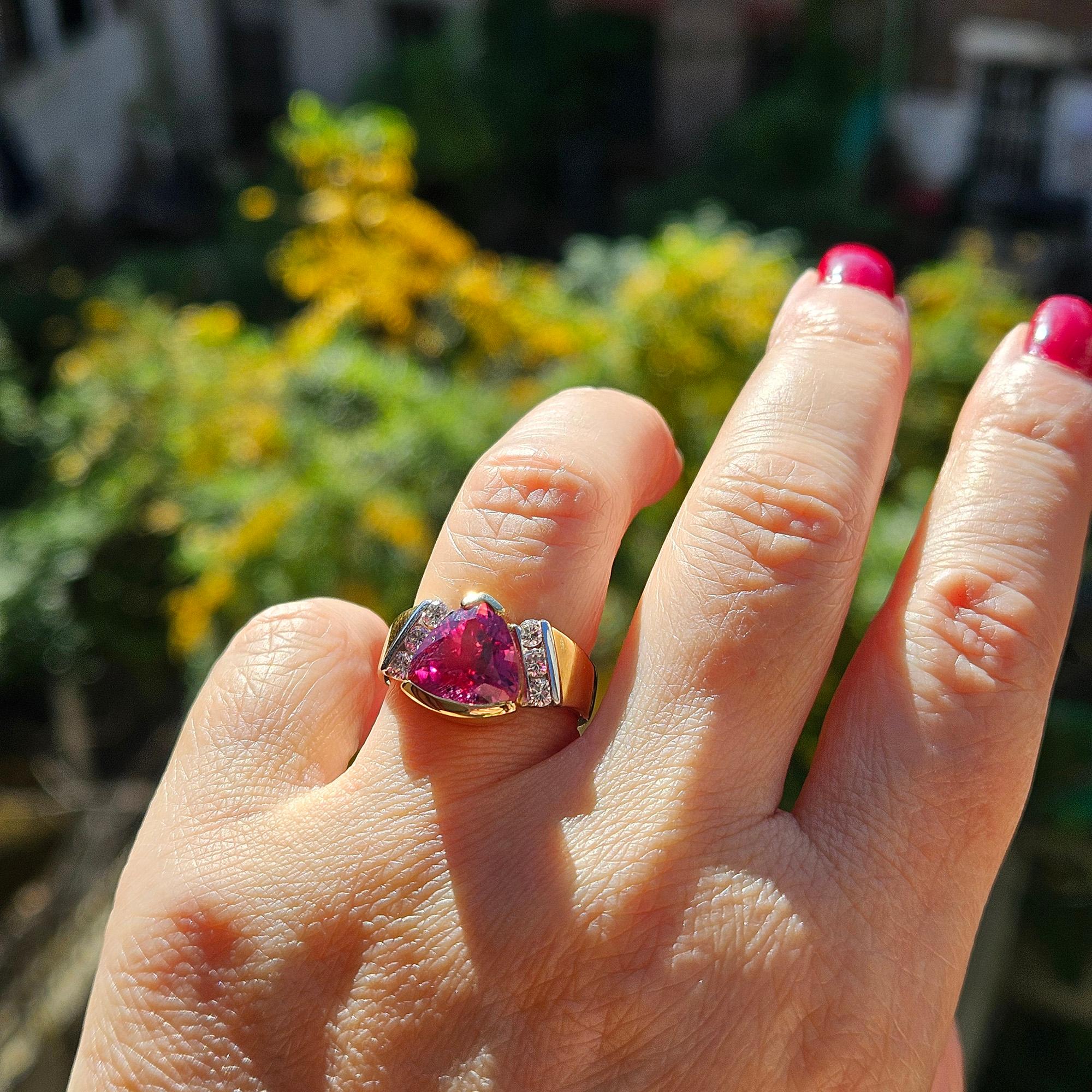 Vintage GIA 3.65ct Natural Pink Tourmaline Diamond 18k Yellow Gold Platinum Ring For Sale 8