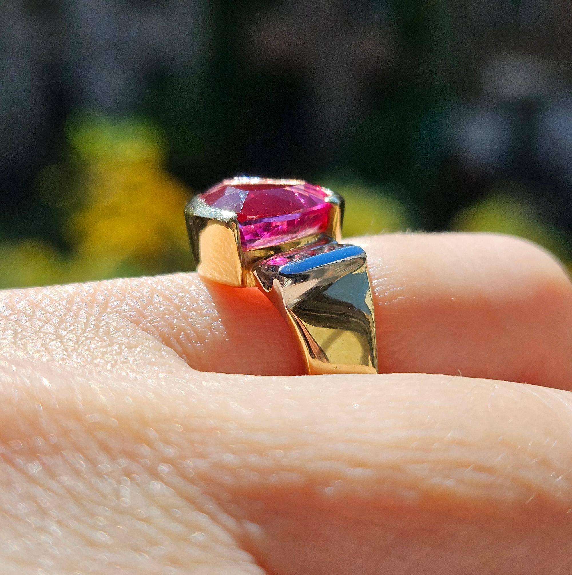 Vintage GIA 3.65ct Natural Pink Tourmaline Diamond 18k Yellow Gold Platinum Ring For Sale 9