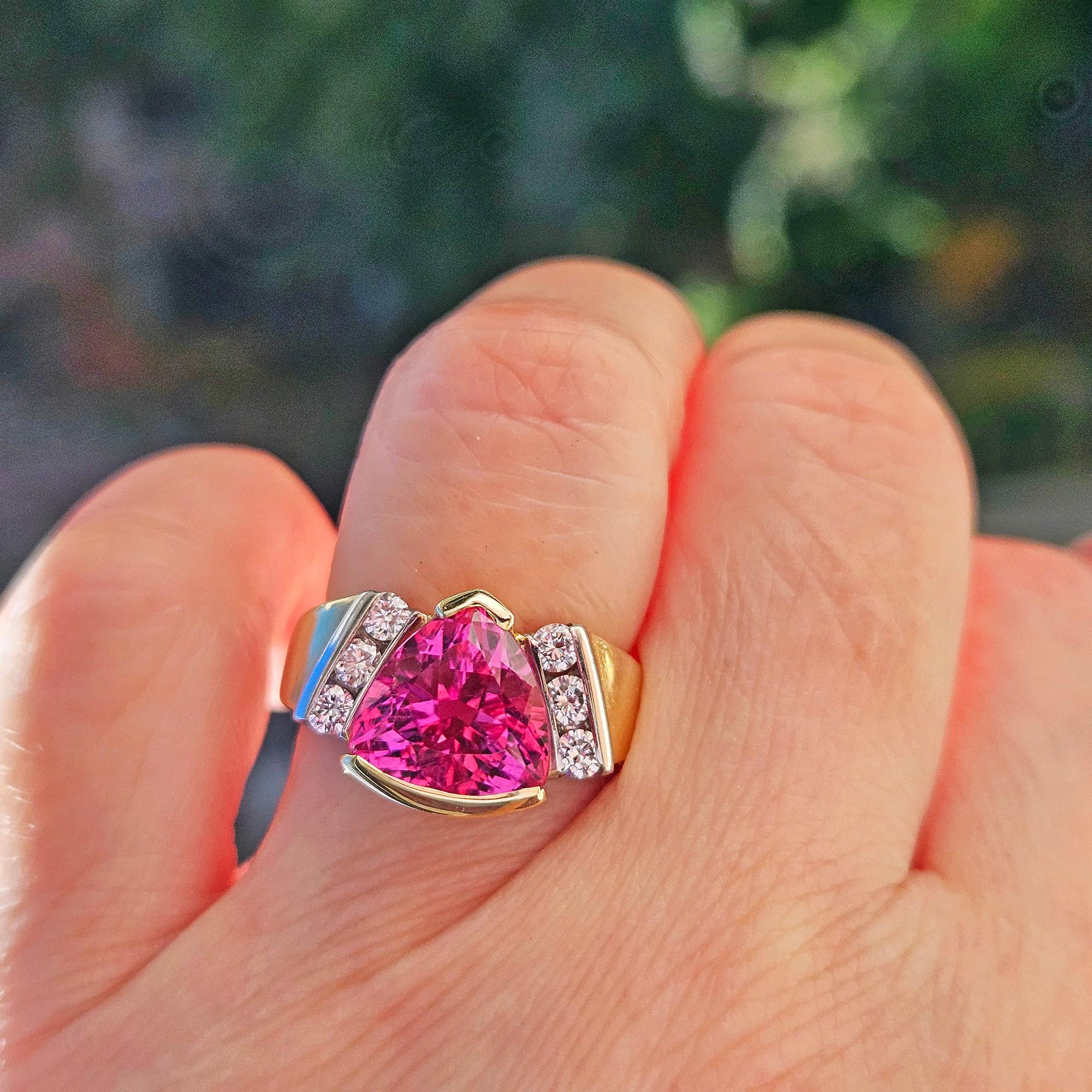 Vintage GIA 3.65ct Natural Pink Tourmaline Diamond 18k Yellow Gold Platinum Ring For Sale 11