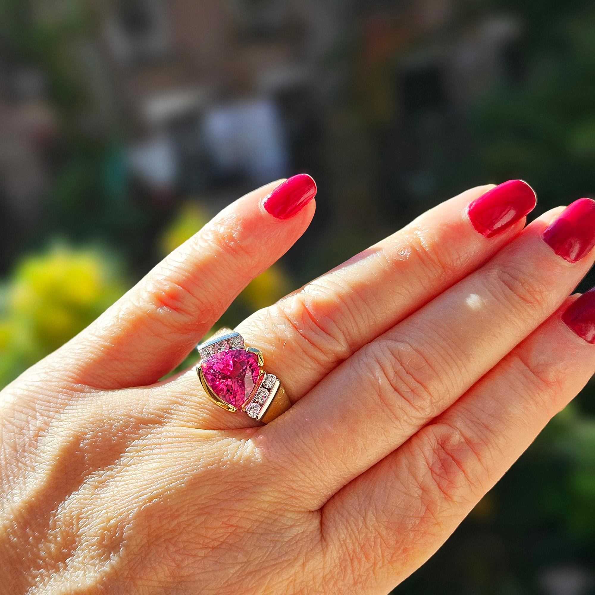 Vintage GIA 3.65ct Natural Pink Tourmaline Diamond 18k Yellow Gold Platinum Ring For Sale 12