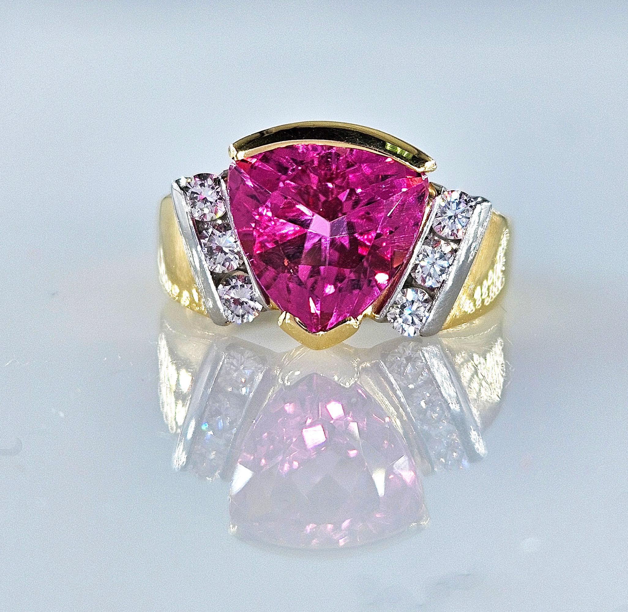GIA 3.65ct Natural Pink Tourmaline Diamond 18k Yellow Gold Platinum Vintage Ring; 
                                            
Make a sparkling statement with this unique custom-made 18k Gold & Platinum Pink Tourmaline and Diamond Ring.
The