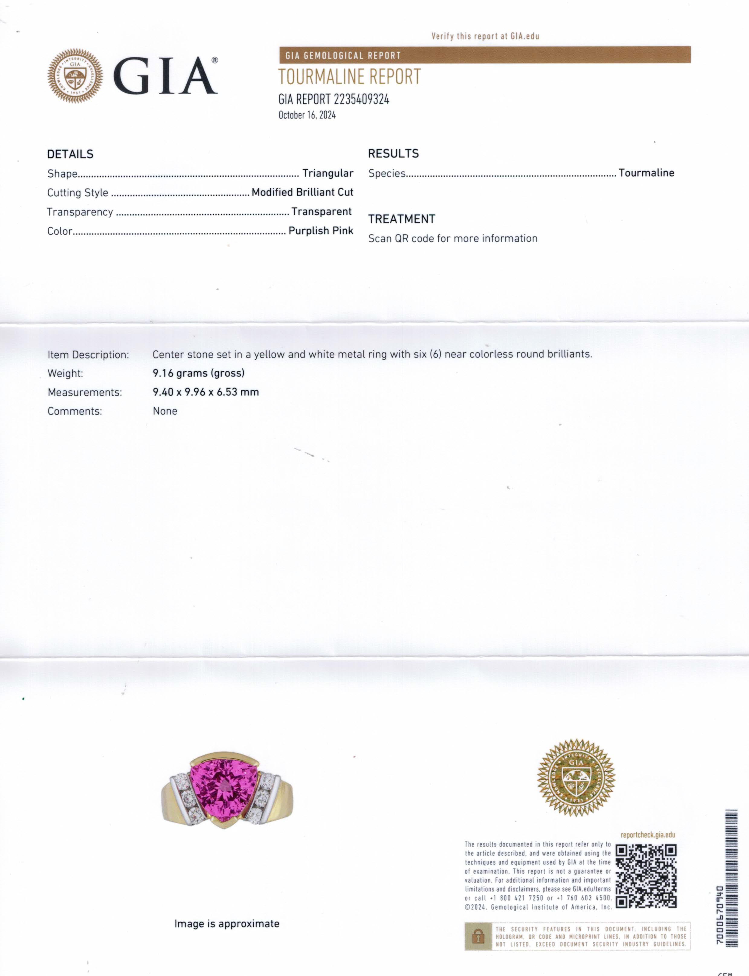 Modern Vintage GIA 3.65ct Natural Pink Tourmaline Diamond 18k Yellow Gold Platinum Ring For Sale
