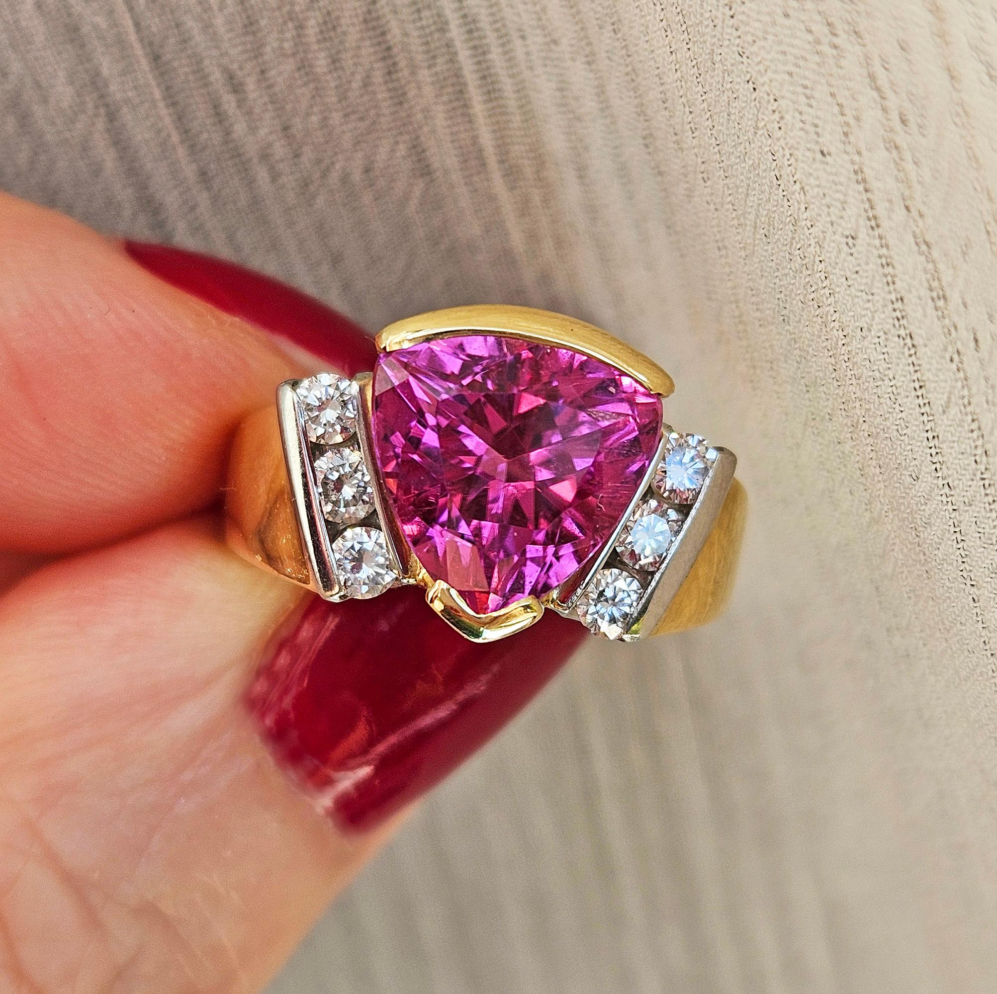 Vintage GIA 3.65ct Natural Pink Tourmaline Diamond 18k Yellow Gold Platinum Ring For Sale 1