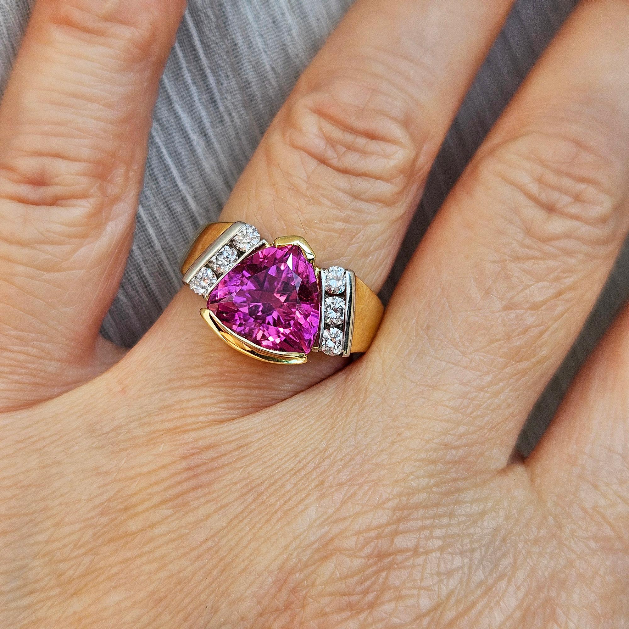 Vintage GIA 3.65ct Natural Pink Tourmaline Diamond 18k Yellow Gold Platinum Ring For Sale 2