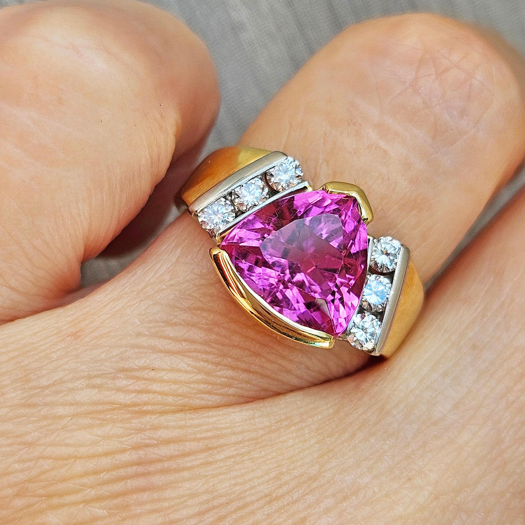 Vintage GIA 3.65ct Natural Pink Tourmaline Diamond 18k Yellow Gold Platinum Ring For Sale 14