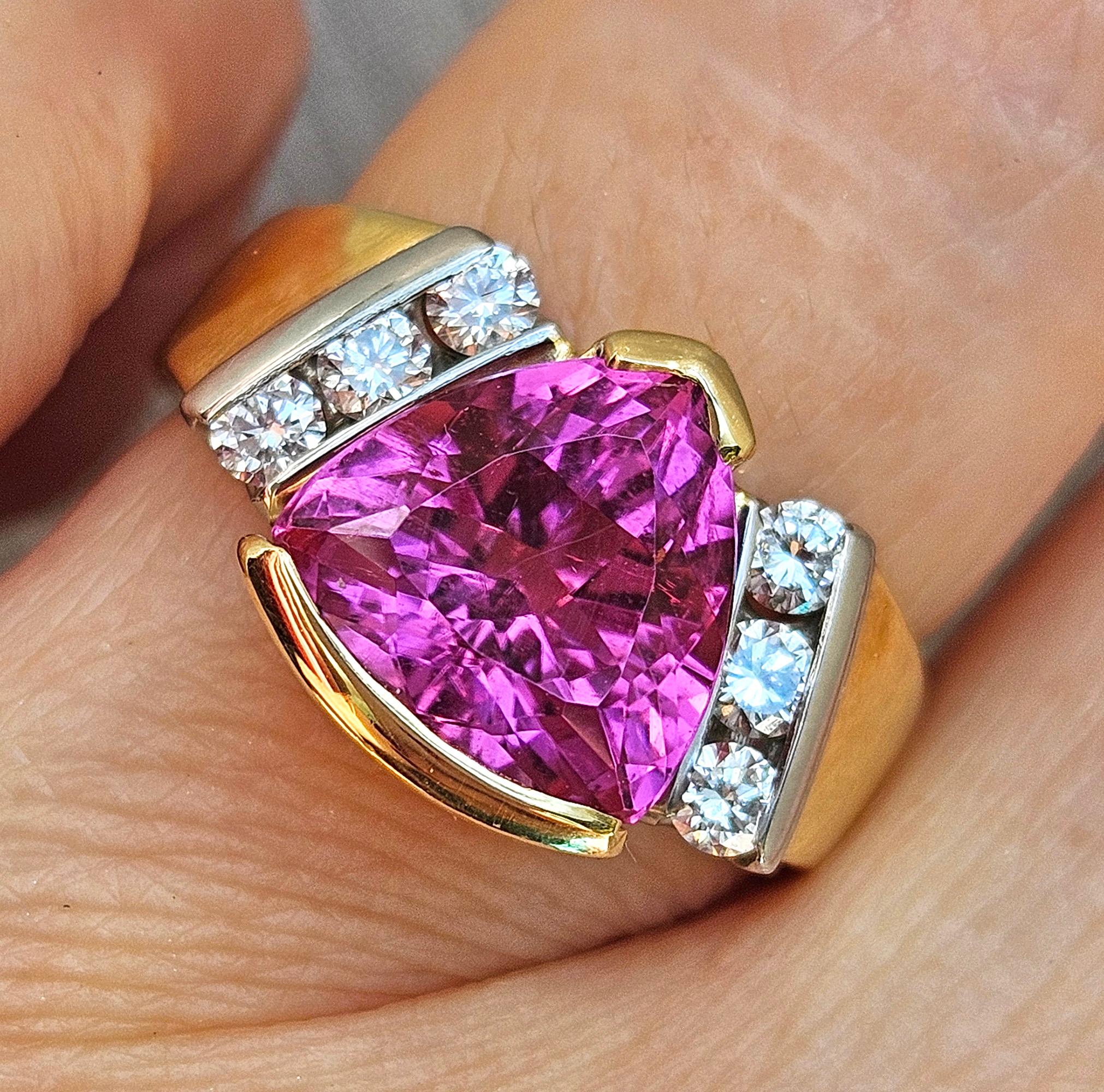 Vintage GIA 3.65ct Natural Pink Tourmaline Diamond 18k Yellow Gold Platinum Ring For Sale 3