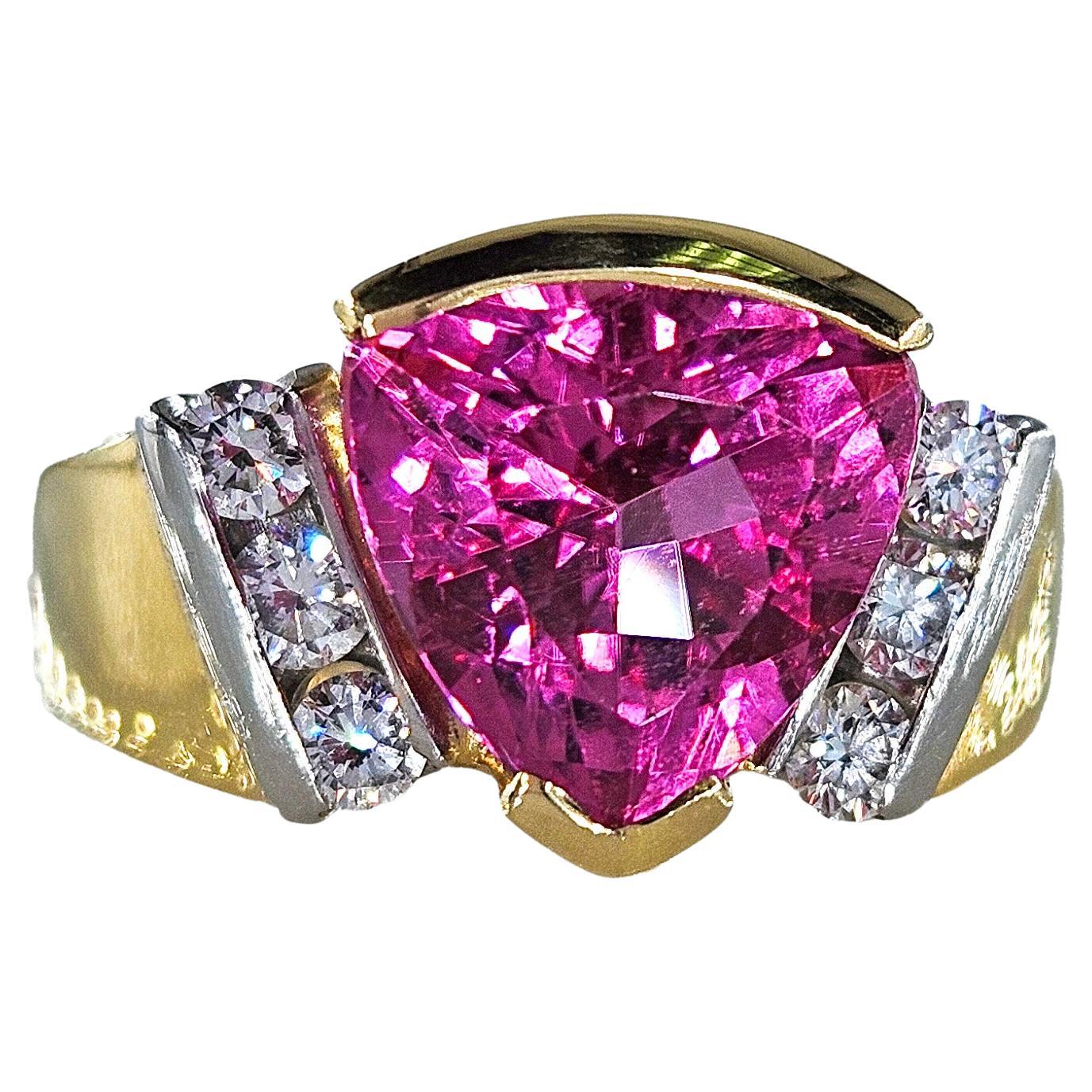 Vintage GIA 3.65ct Natural Pink Tourmaline Diamond 18k Yellow Gold Platinum Ring