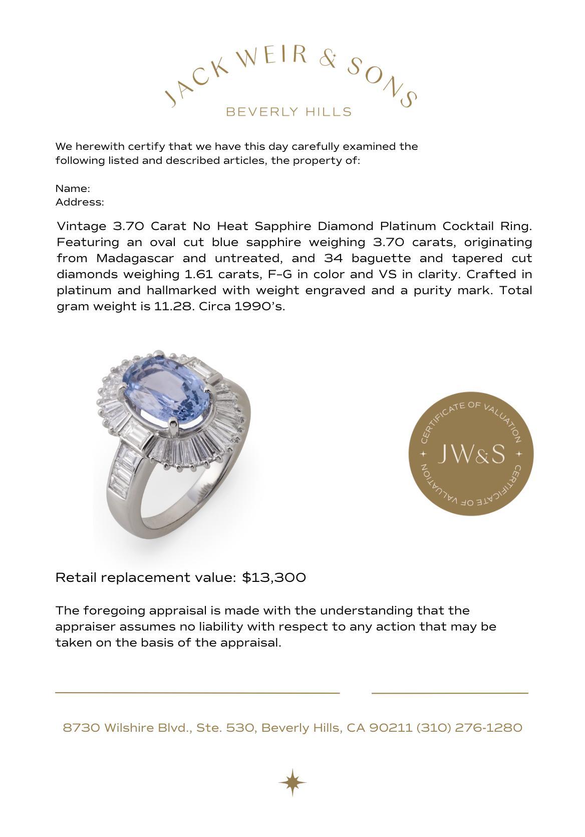 Platin-Cocktailring, Vintage, GIA 3.70 Karat, unbehandelter Saphir, Diamant im Angebot 2