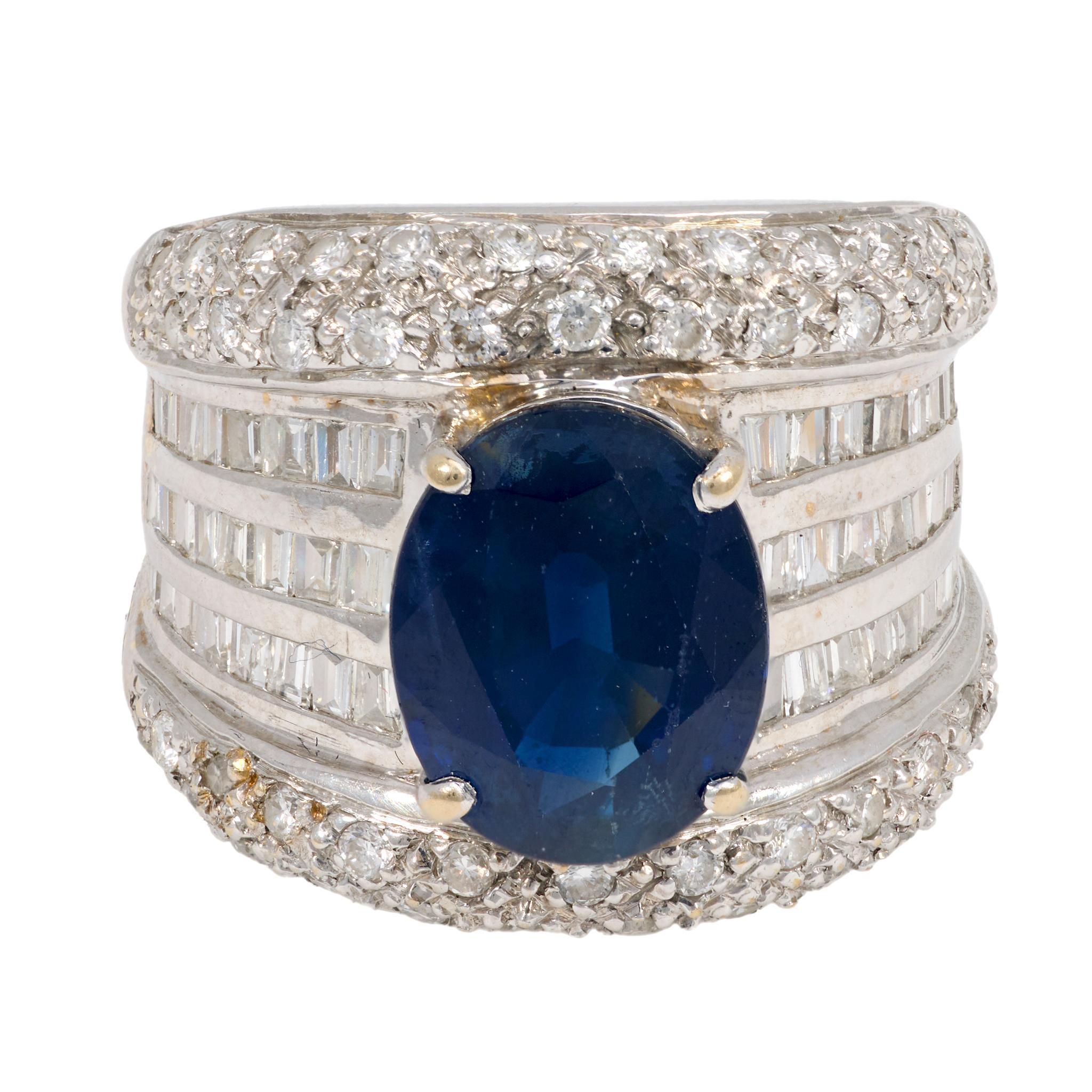 Vintage GIA 3.90 carat sapphire diamond 18k white gold cocktail ring Moderno en venta