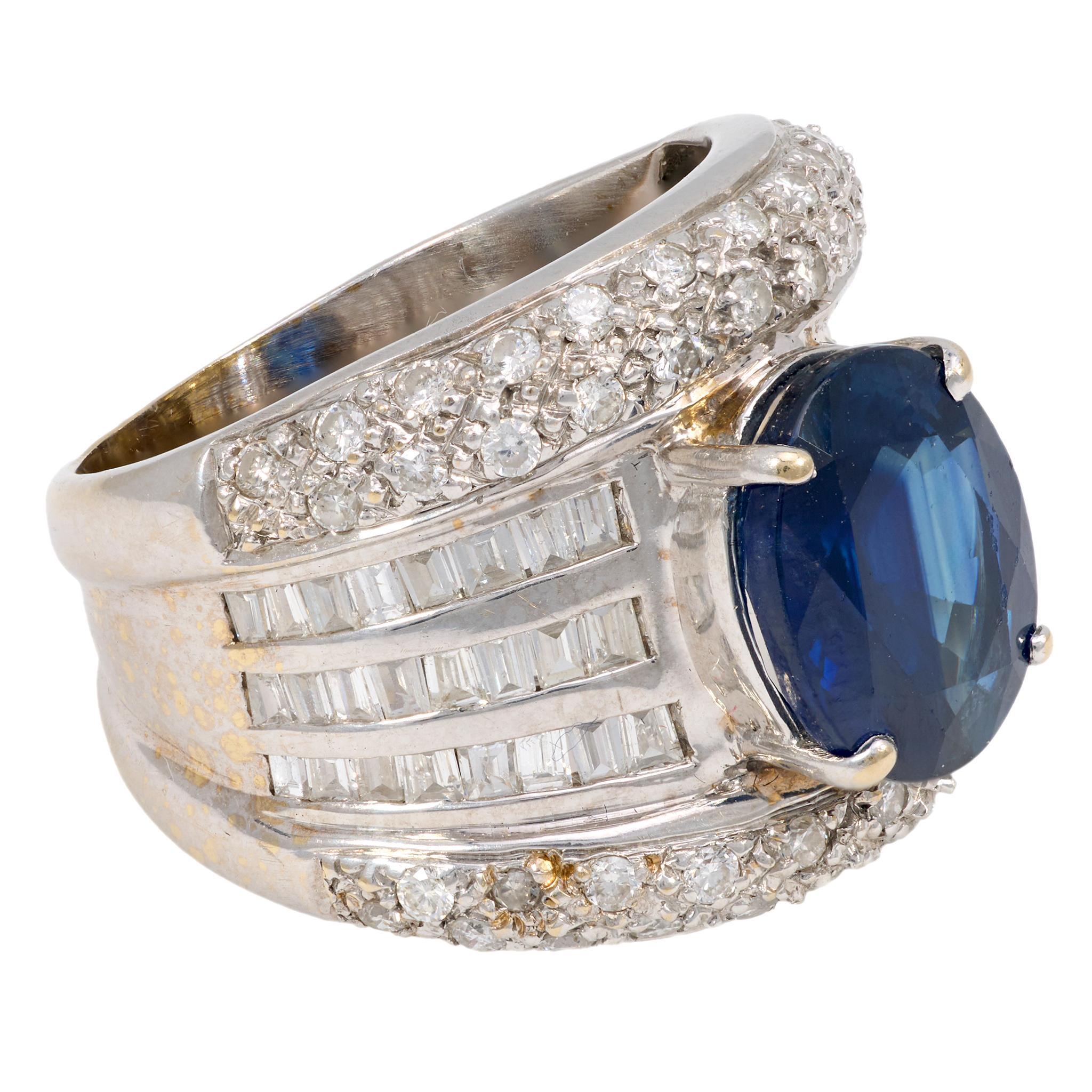 Vintage GIA 3.90 carat sapphire diamond 18k white gold cocktail ring en Bueno estado para la venta en Beverly Hills, CA