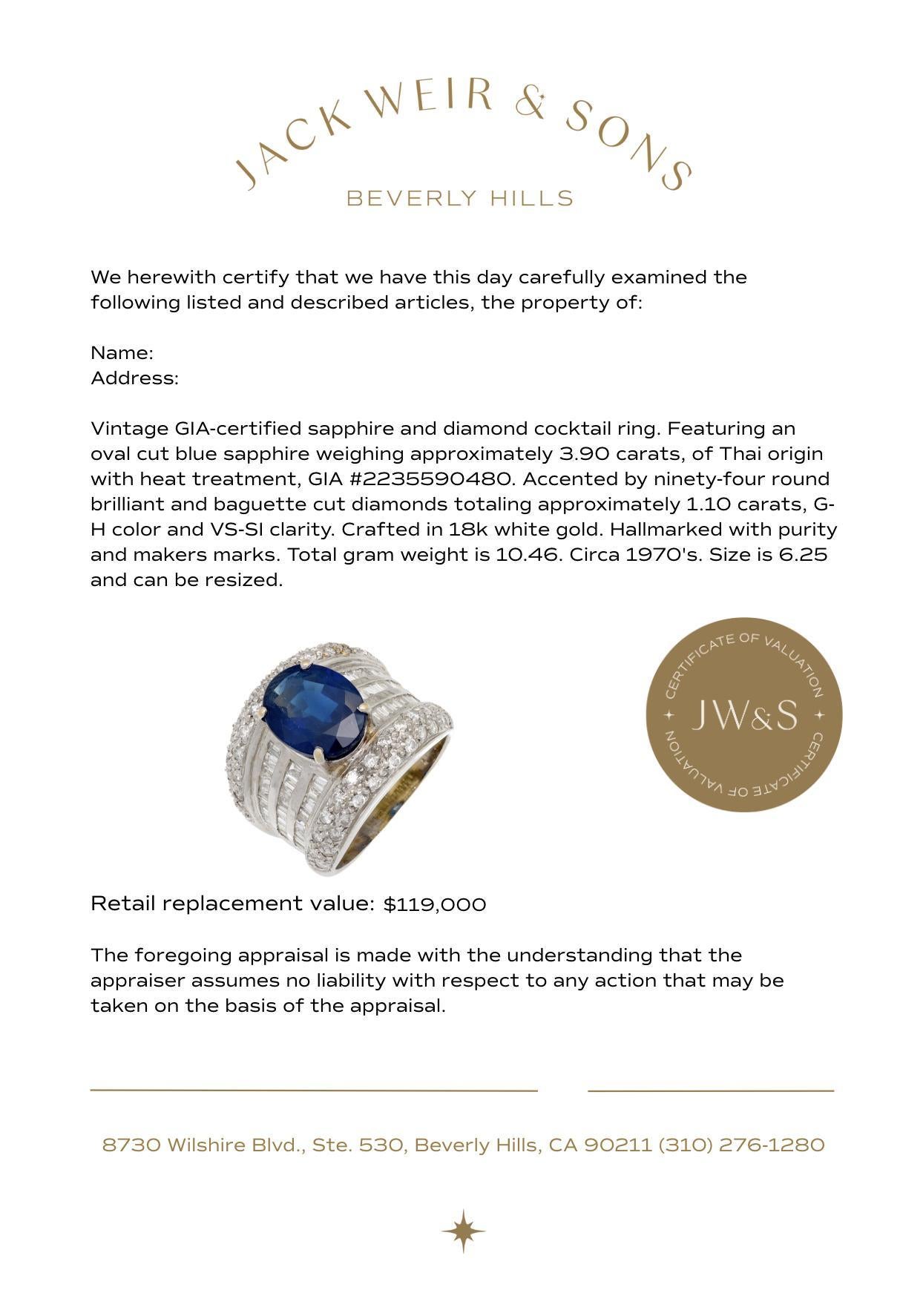 Vintage GIA 3.90 carat sapphire diamond 18k white gold cocktail ring en venta 1