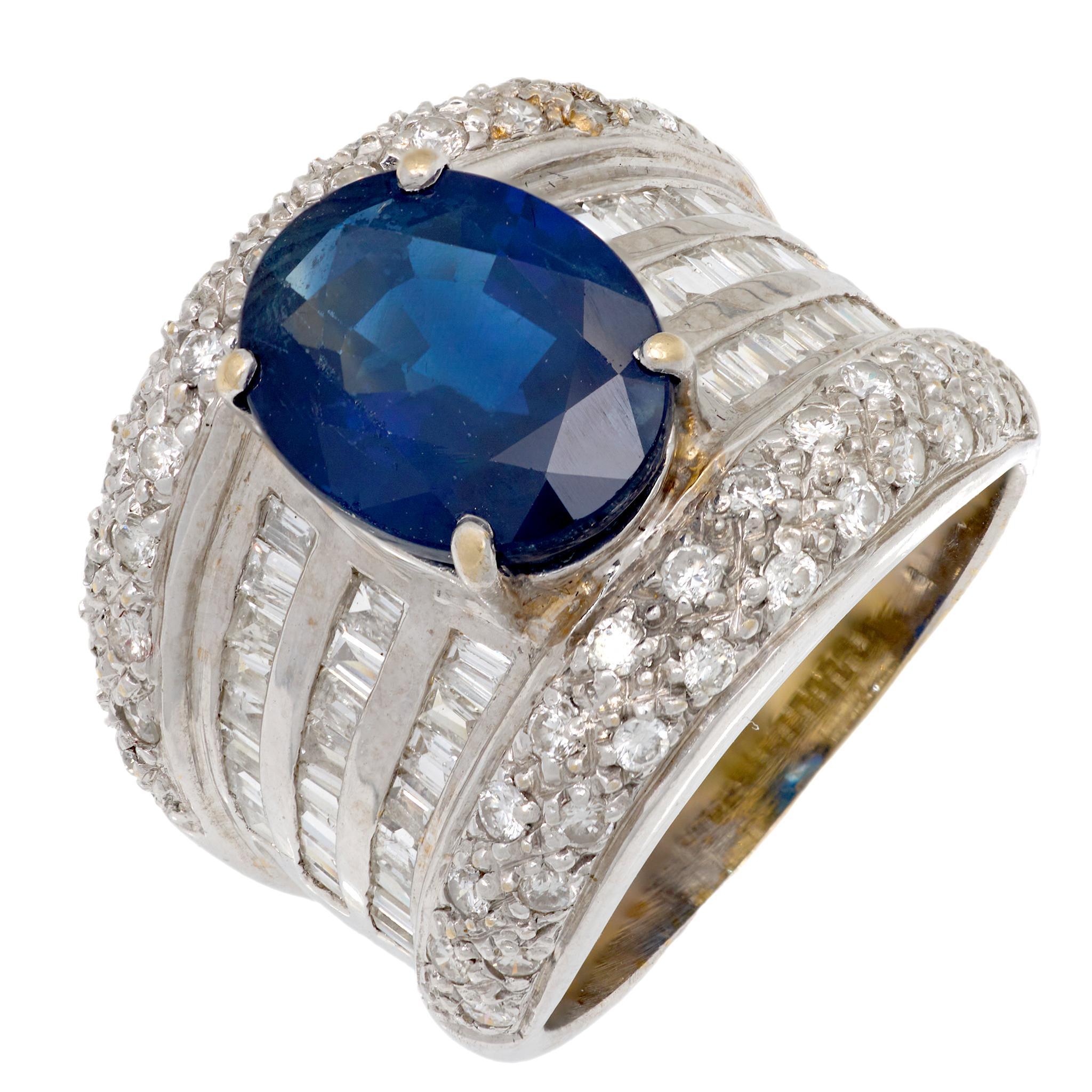 Vintage GIA 3.90 carat sapphire diamond 18k white gold cocktail ring