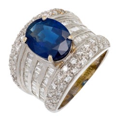 Vintage GIA 3.90 carat sapphire diamond 18k white gold cocktail ring