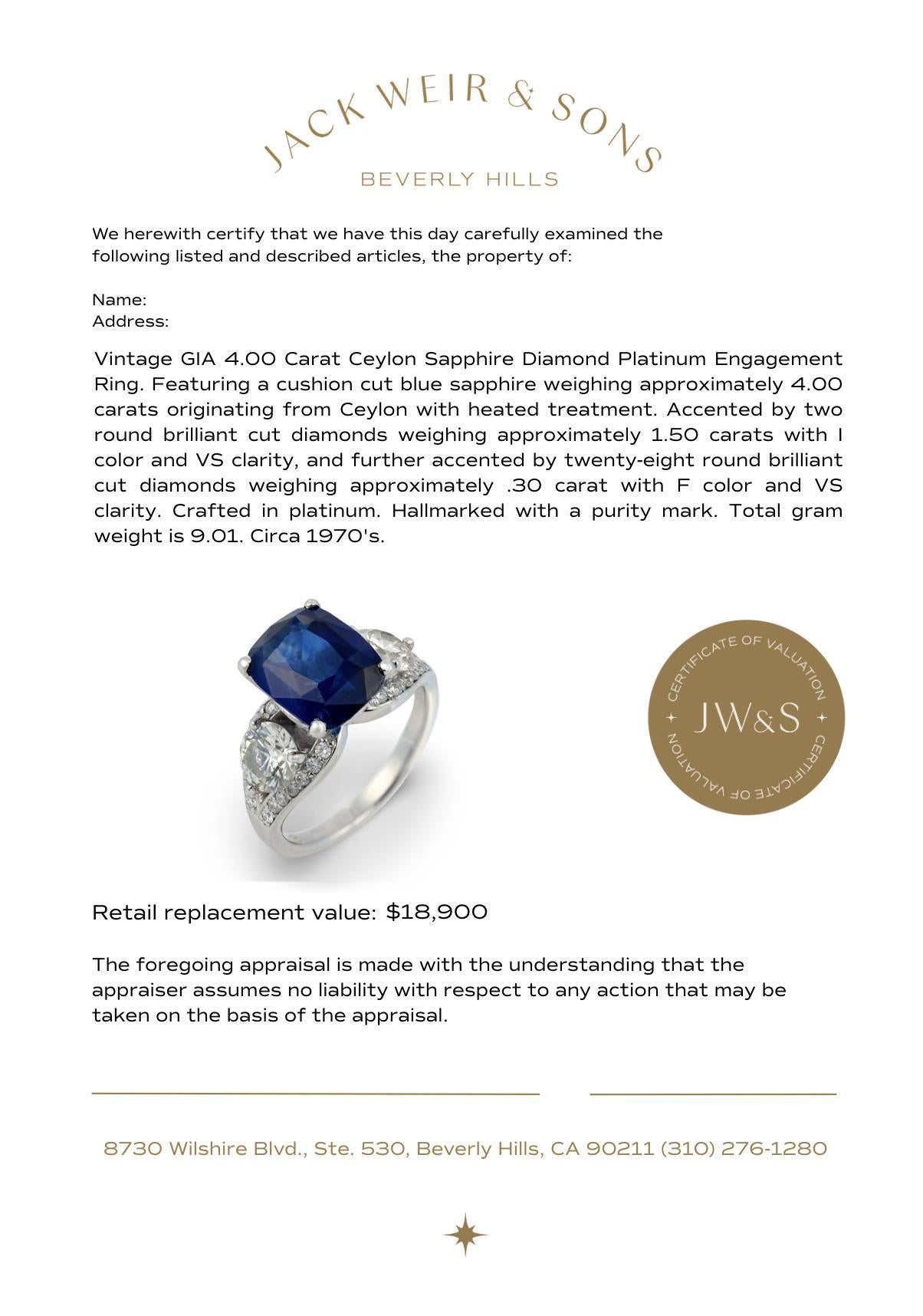 Vintage GIA 4,00 quilates zafiro de Ceilán diamante platino anillo de compromiso en venta 2