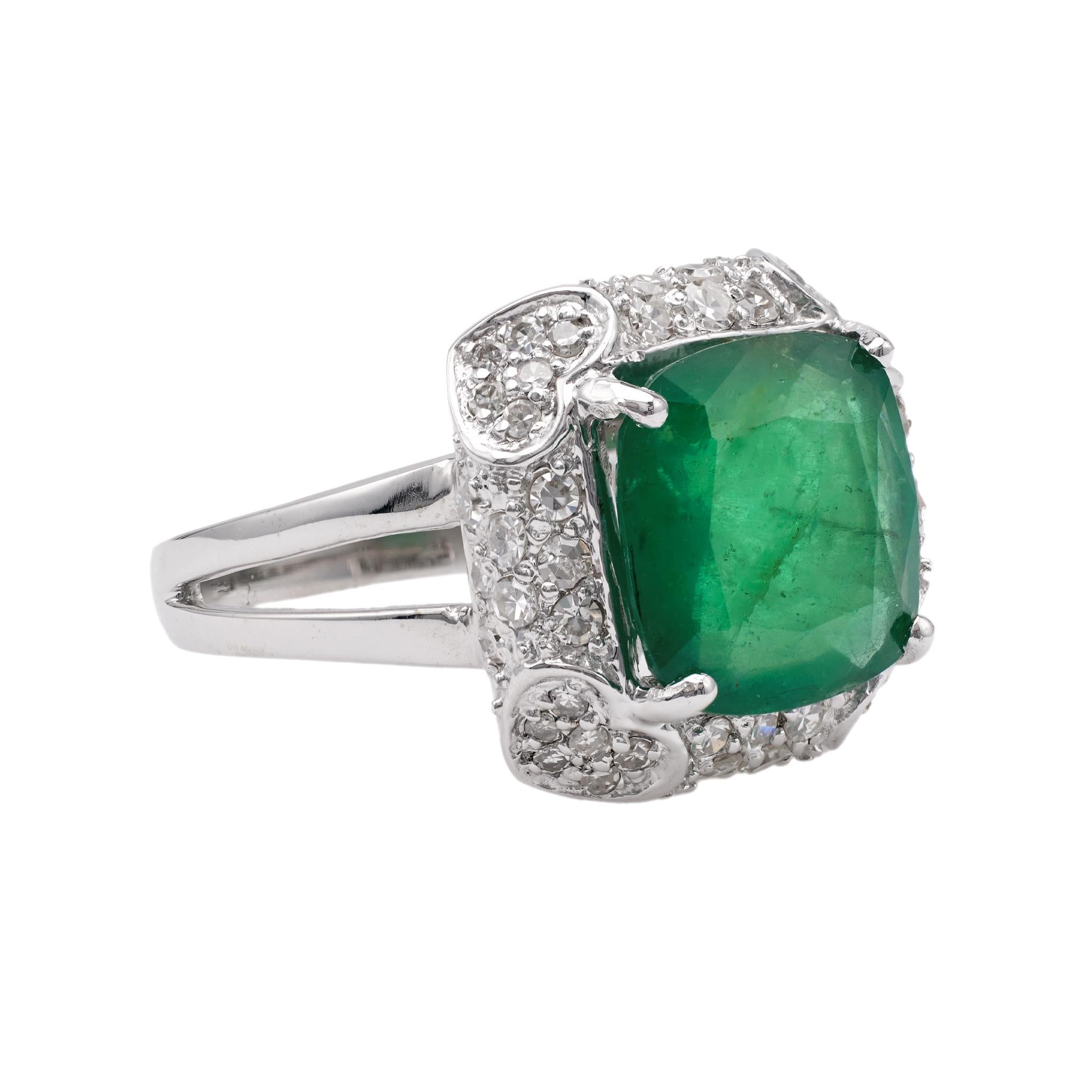 Women's or Men's Vintage GIA 4.00 Carat Zambian Emerald Diamond 14k White Gold Ring For Sale