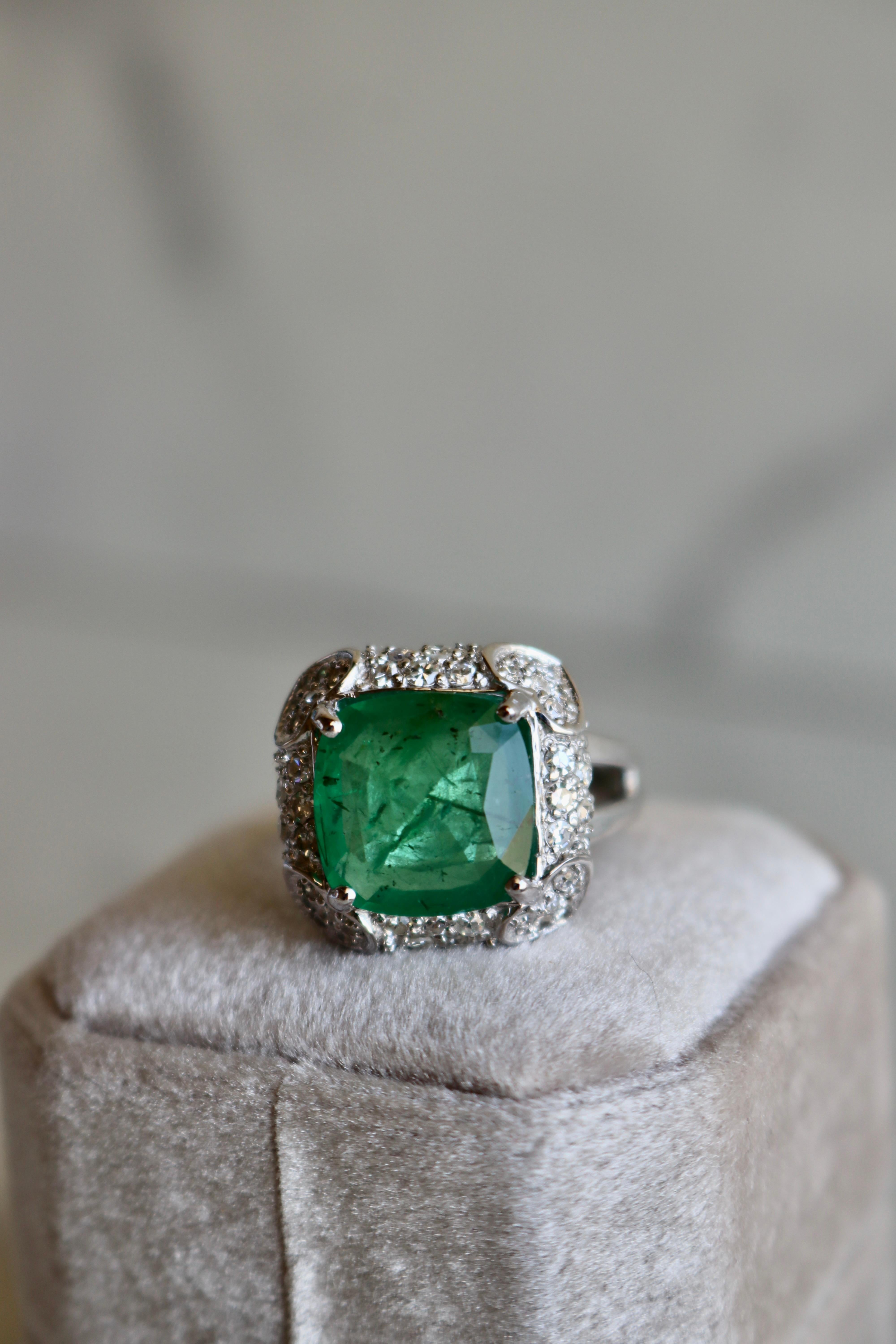 Vintage GIA 4.00 Carat Zambian Emerald Diamond 14k White Gold Ring For Sale 1