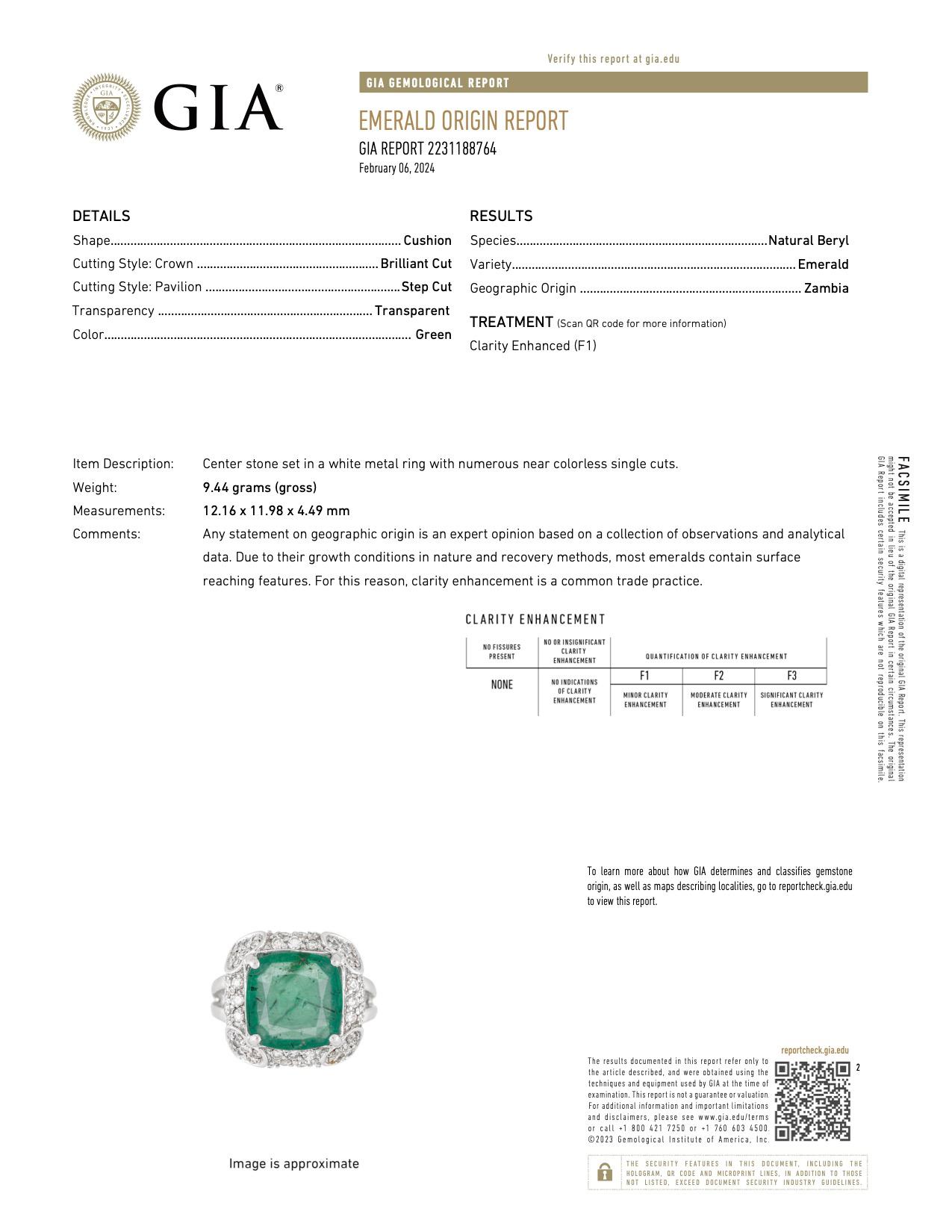Vintage GIA 4.00 Carat Zambian Emerald Diamond 14k White Gold Ring For Sale 2