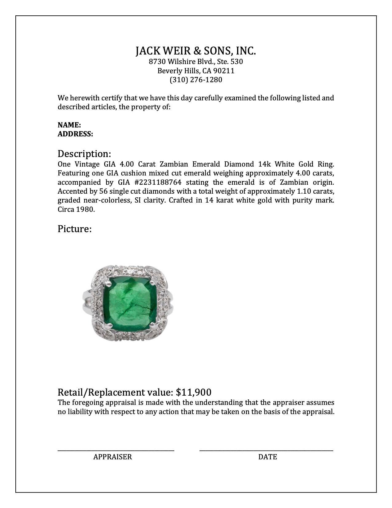 Bague Vintage GIA 4.00 Carat Zambian Emerald Diamond 14k White Gold en vente 3
