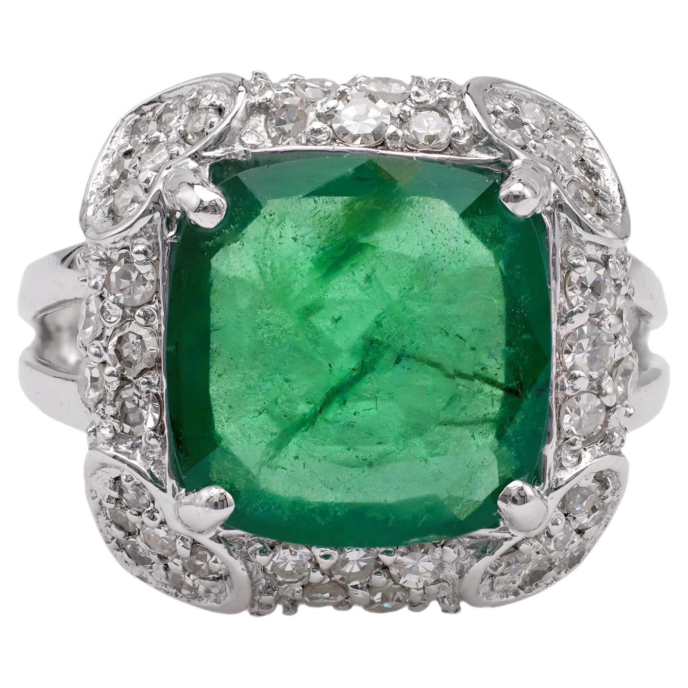 Vintage GIA 4.00 Carat Zambian Emerald Diamond 14k White Gold Ring