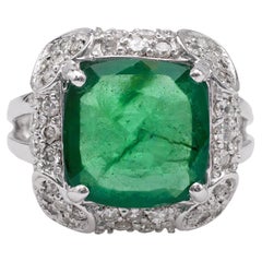 Bague Vintage GIA 4.00 Carat Zambian Emerald Diamond 14k White Gold