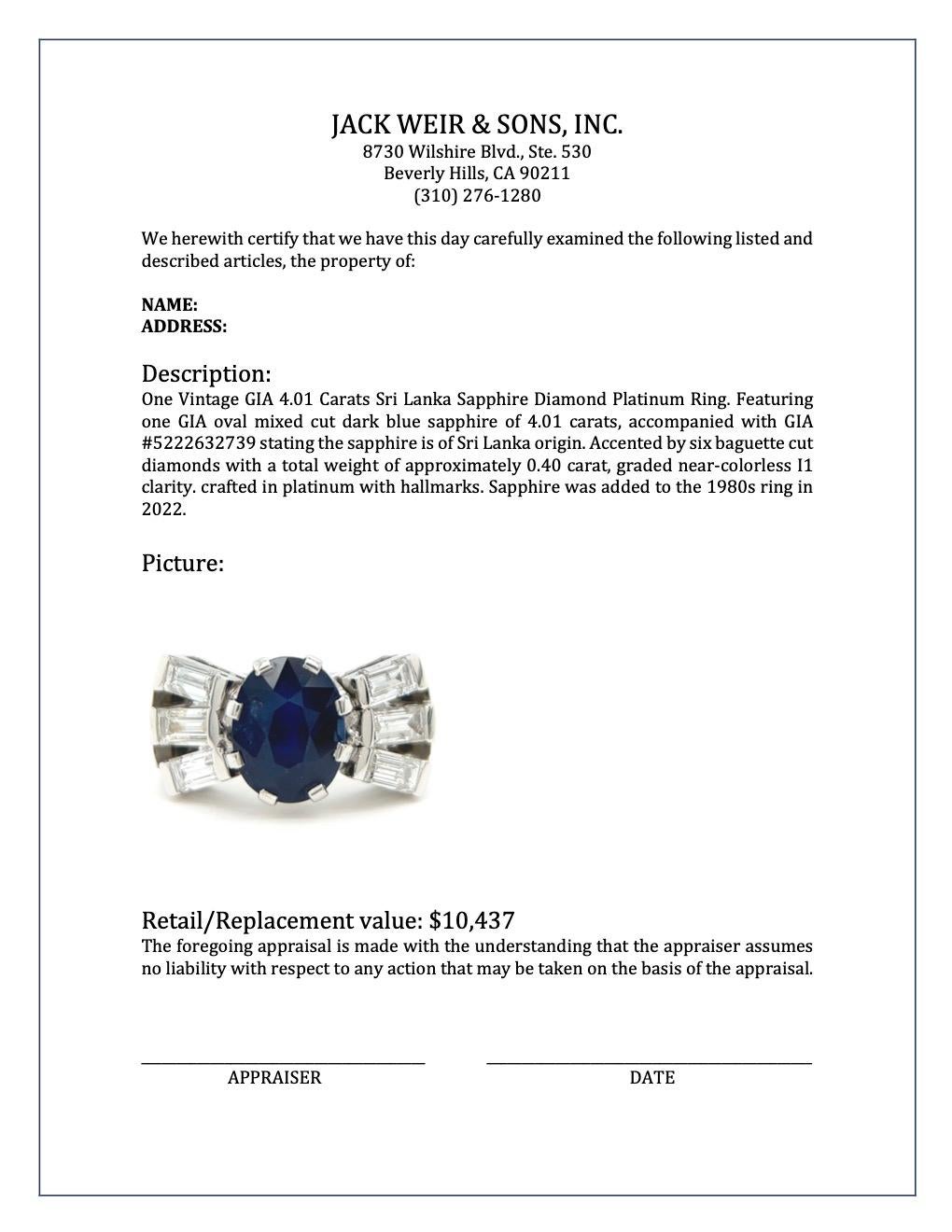 Vintage GIA 4.01 Carats Sri Lanka Sapphire Diamond Platinum Ring 3