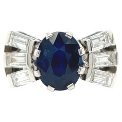 Vintage GIA 4.01 Carats Sri Lanka Sapphire Diamond Platinum Ring