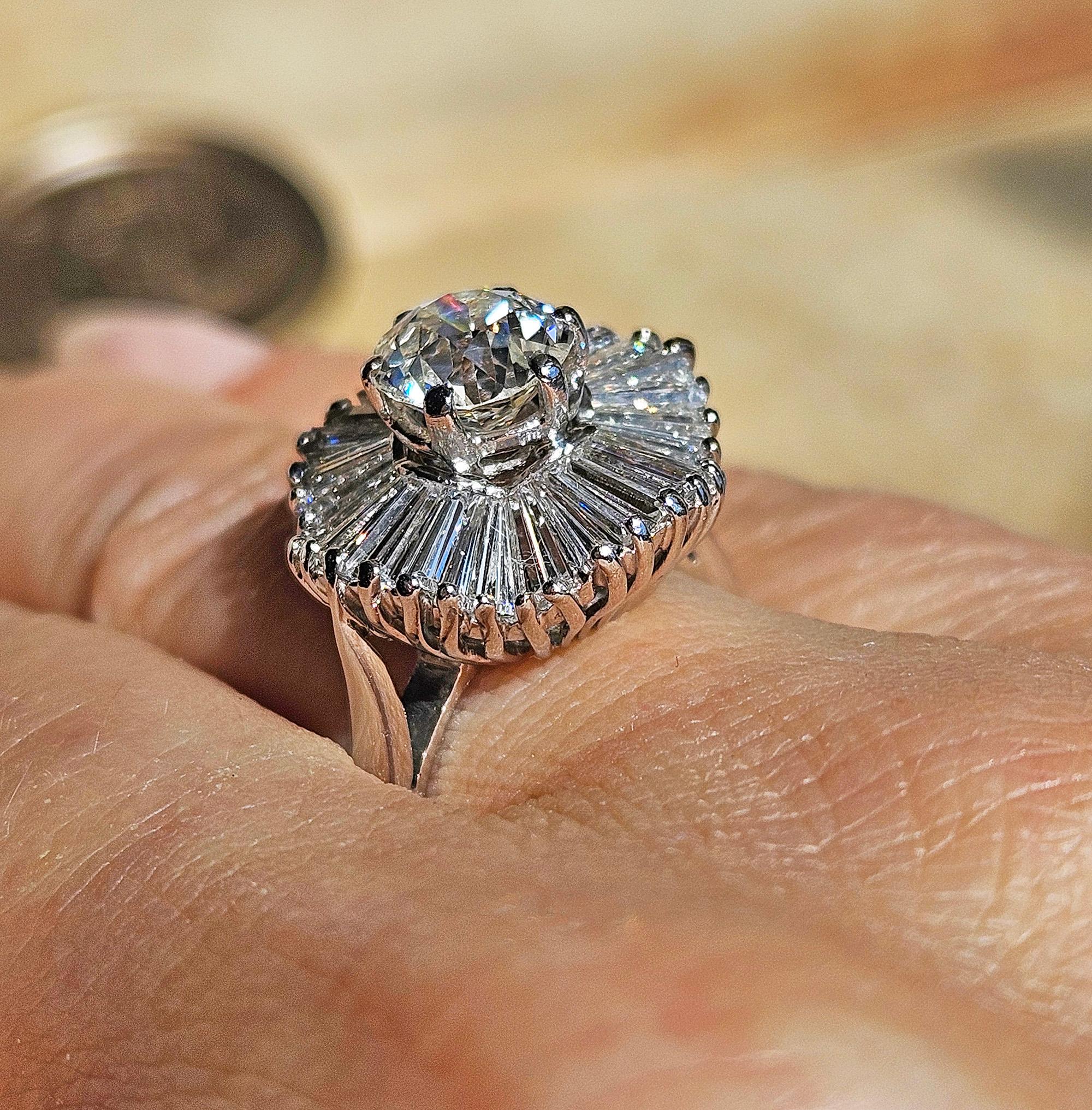 Vintage GIA 4.06ctw Old European Cut Diamond Ballerina Cocktail Platinum Ring For Sale 7