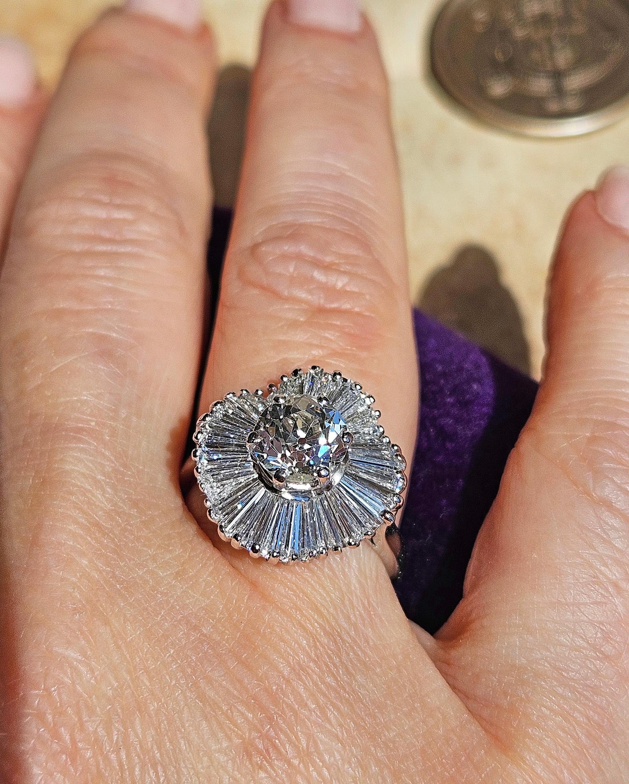 Vintage GIA 4.06ctw Old European Cut Diamond Ballerina Cocktail Platinum Ring For Sale 8