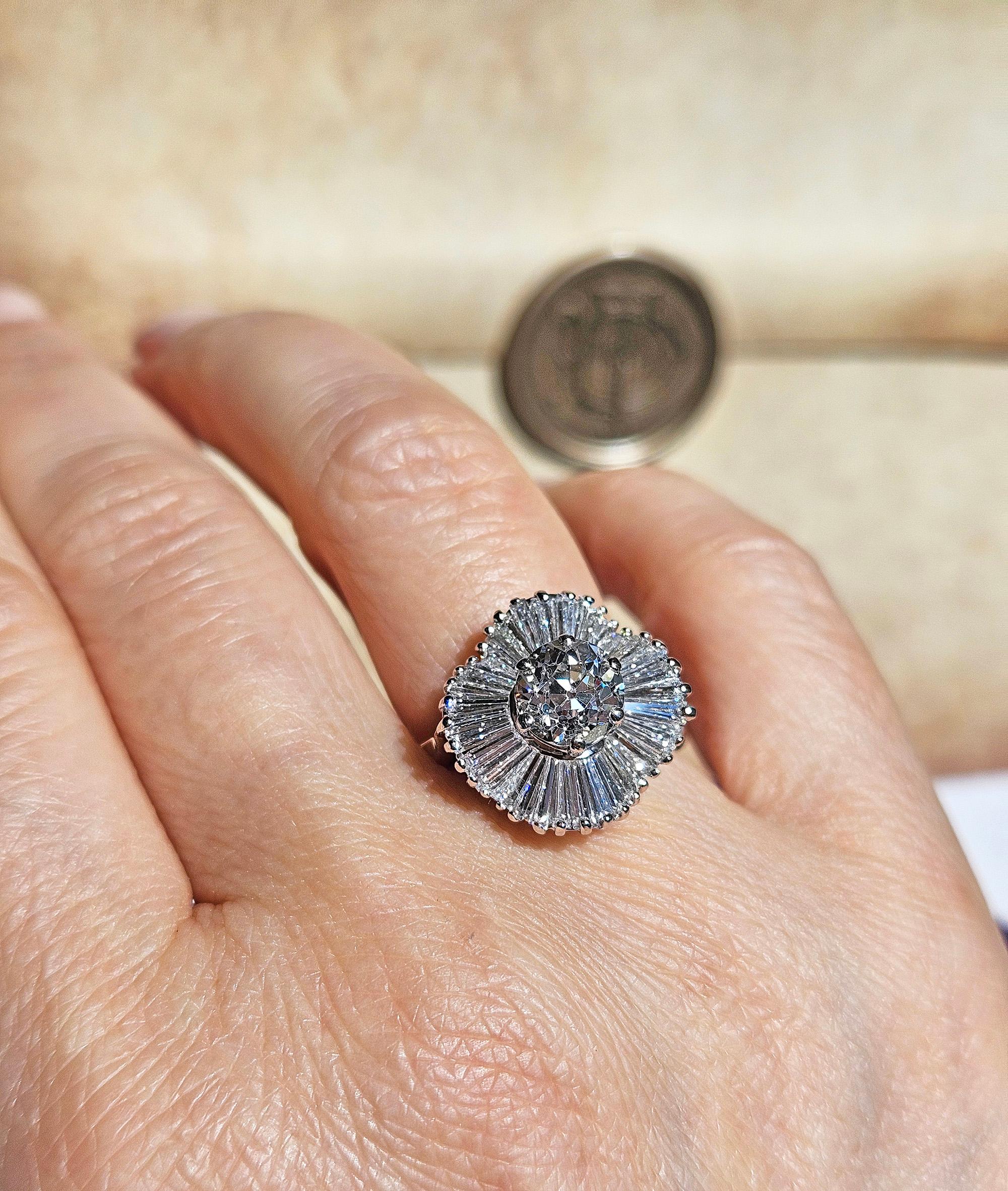 Vintage GIA 4.06ctw Old European Cut Diamond Ballerina Cocktail Platinum Ring For Sale 9