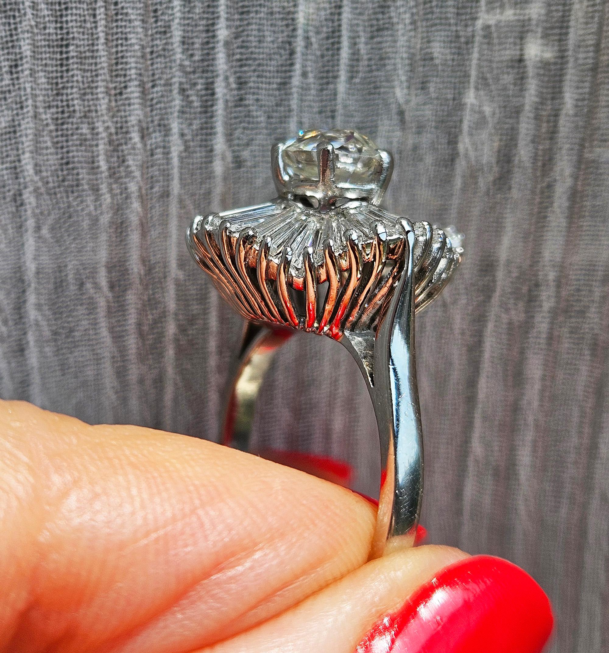 Vintage GIA 4.06ctw Old European Cut Diamond Ballerina Cocktail Platinum Ring For Sale 10