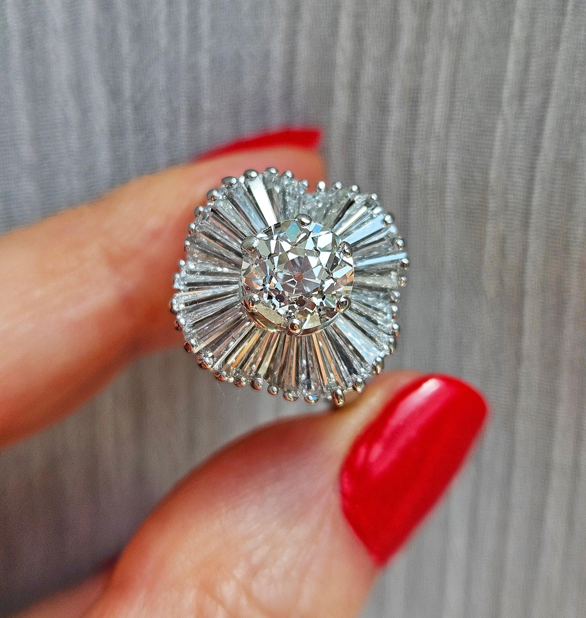 Vintage GIA 4.06ctw Old European Cut Diamond Ballerina Cocktail Platinum Ring For Sale 11
