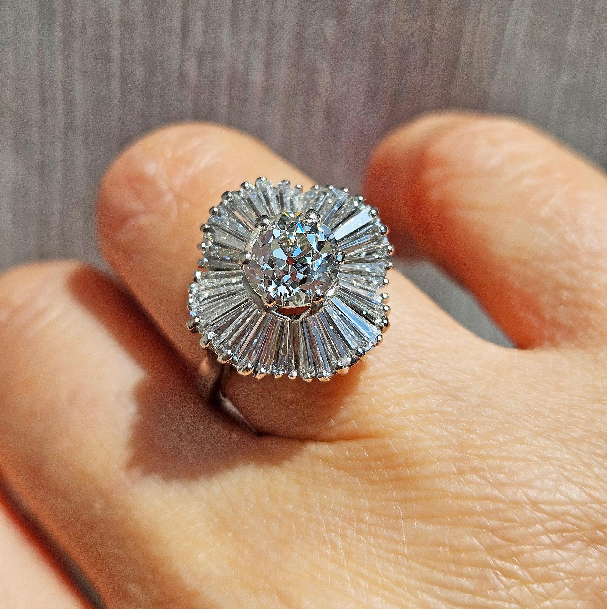 Vintage GIA 4.06ctw Old European Cut Diamond Ballerina Cocktail Platinum Ring For Sale 12