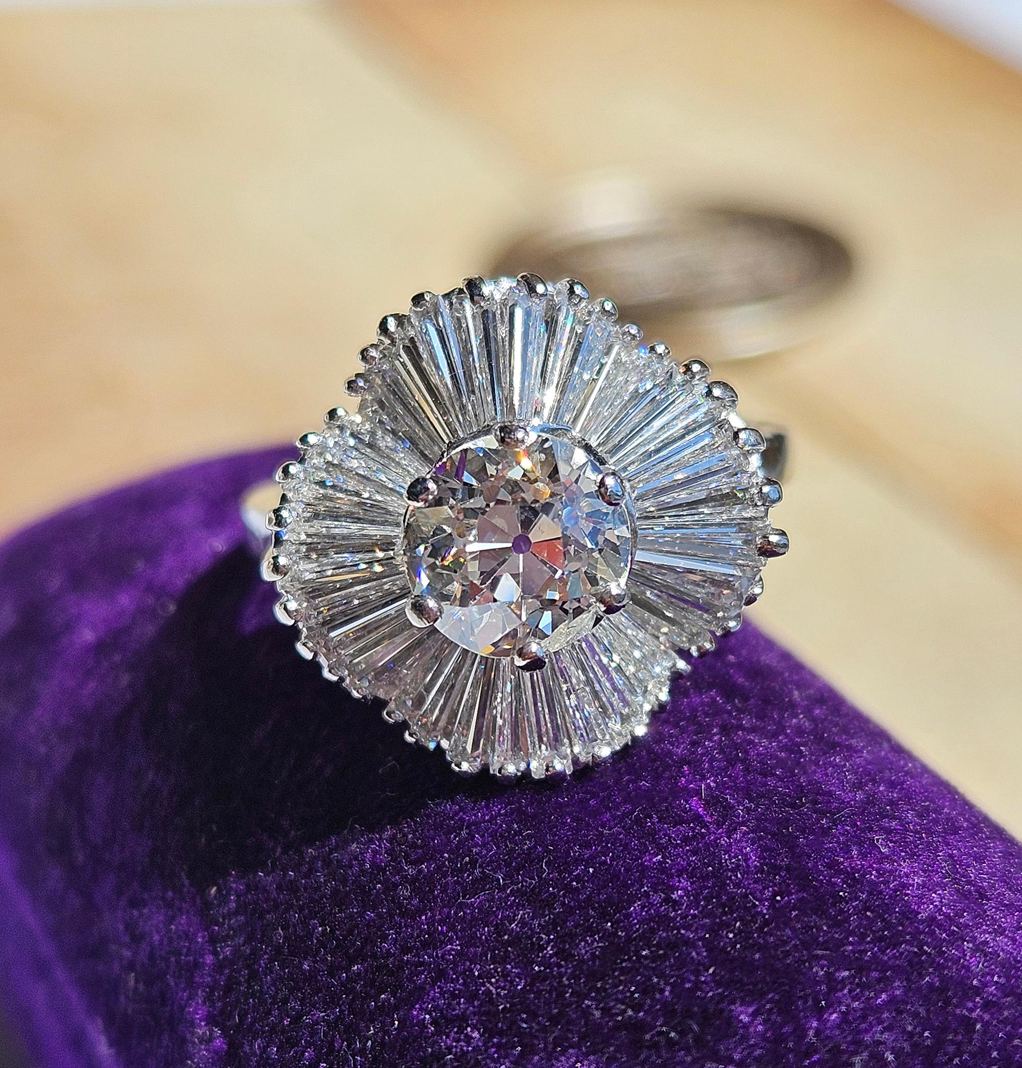 Vintage GIA 4.06ctw Old European Cut Diamond Ballerina Cocktail Platinum Ring For Sale 14