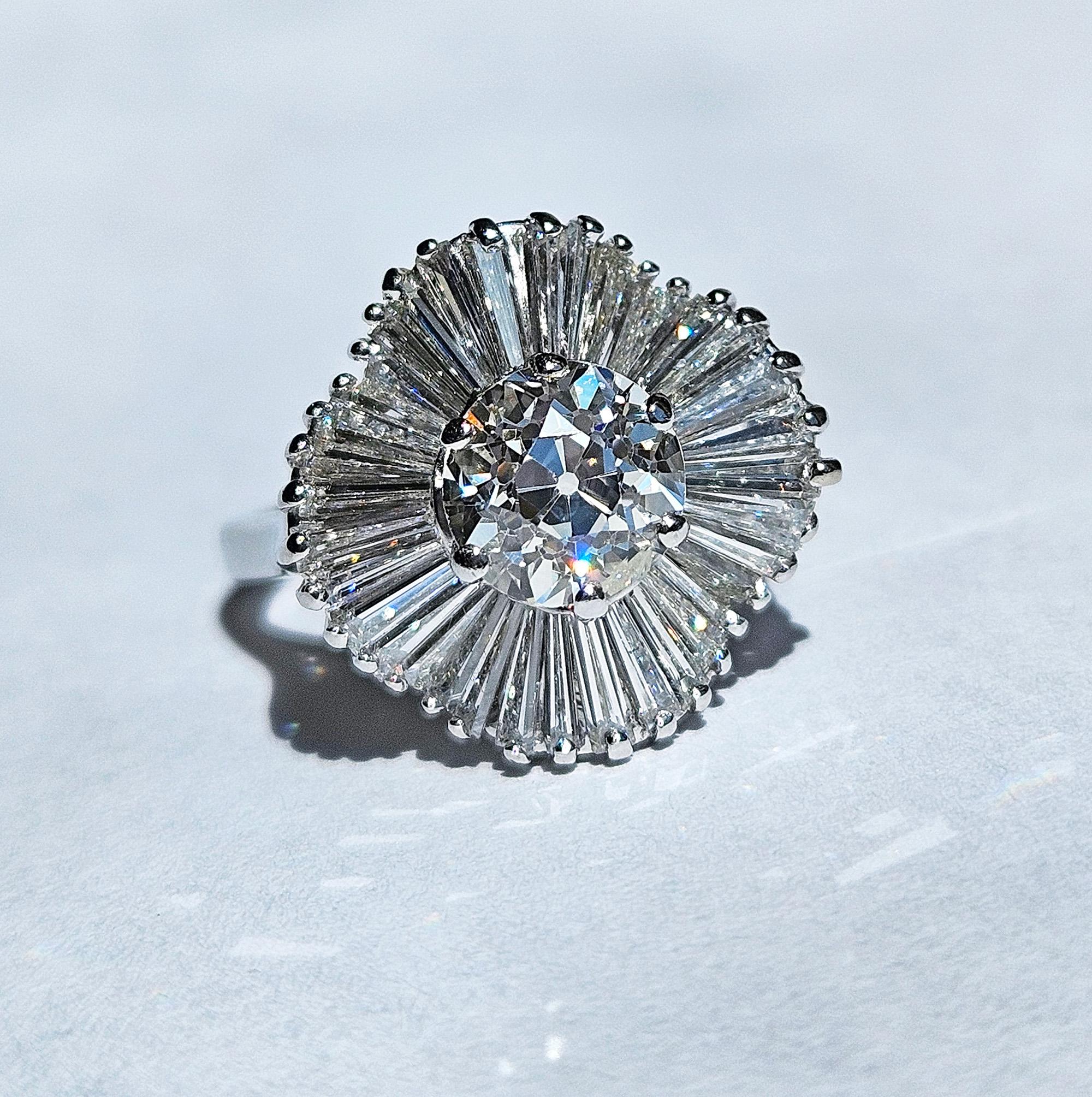 Women's Vintage GIA 4.06ctw Old European Cut Diamond Ballerina Cocktail Platinum Ring For Sale